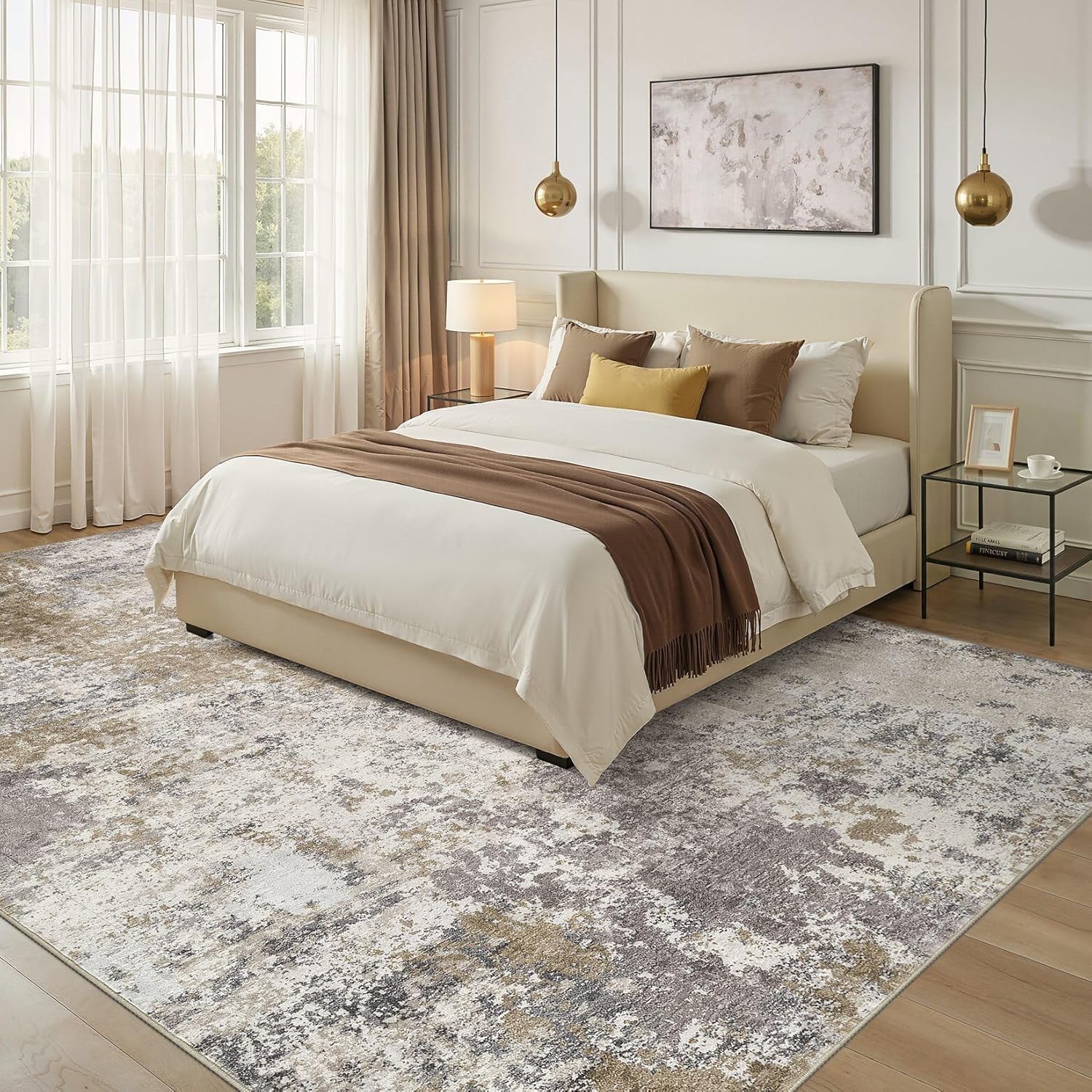 Tapis abstrait moderne beige gris taupe 70x140 cm pour cuisine et entrée