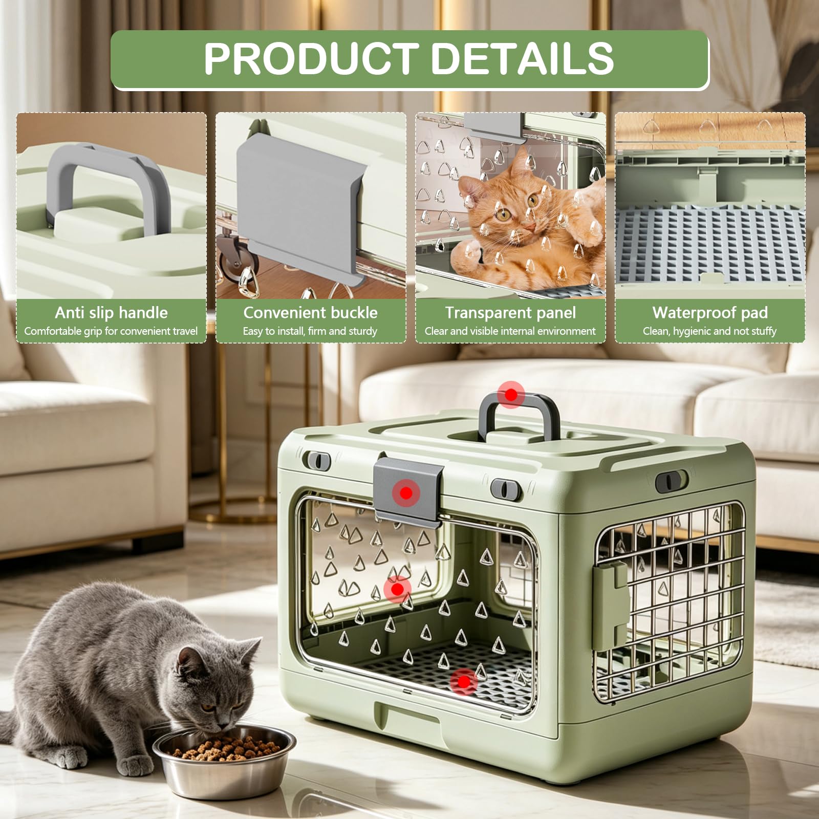Transportín Gato, Jaula para Gatos Plegable de Plástico Grande Portátil Transportador Transparente para Mascotas de Viaje para Mascotas de Viaje para Avión, 50 x 32 x 31 cm