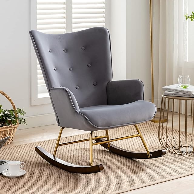 Wahson Velvet Rocking Chair Modern Armchair Tufted Wingback Accent Chair with Thick Padded Seat, Leisure Relax Chair for Nursery/Bedroom/Living Room, Grey