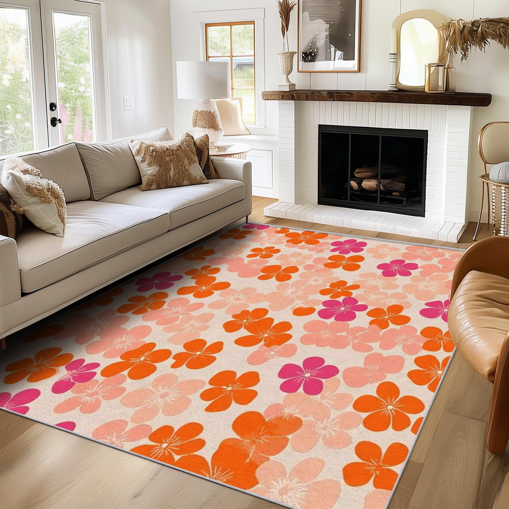 Tapis de chambre à poil court doux grand format 160x200cm orange et rose