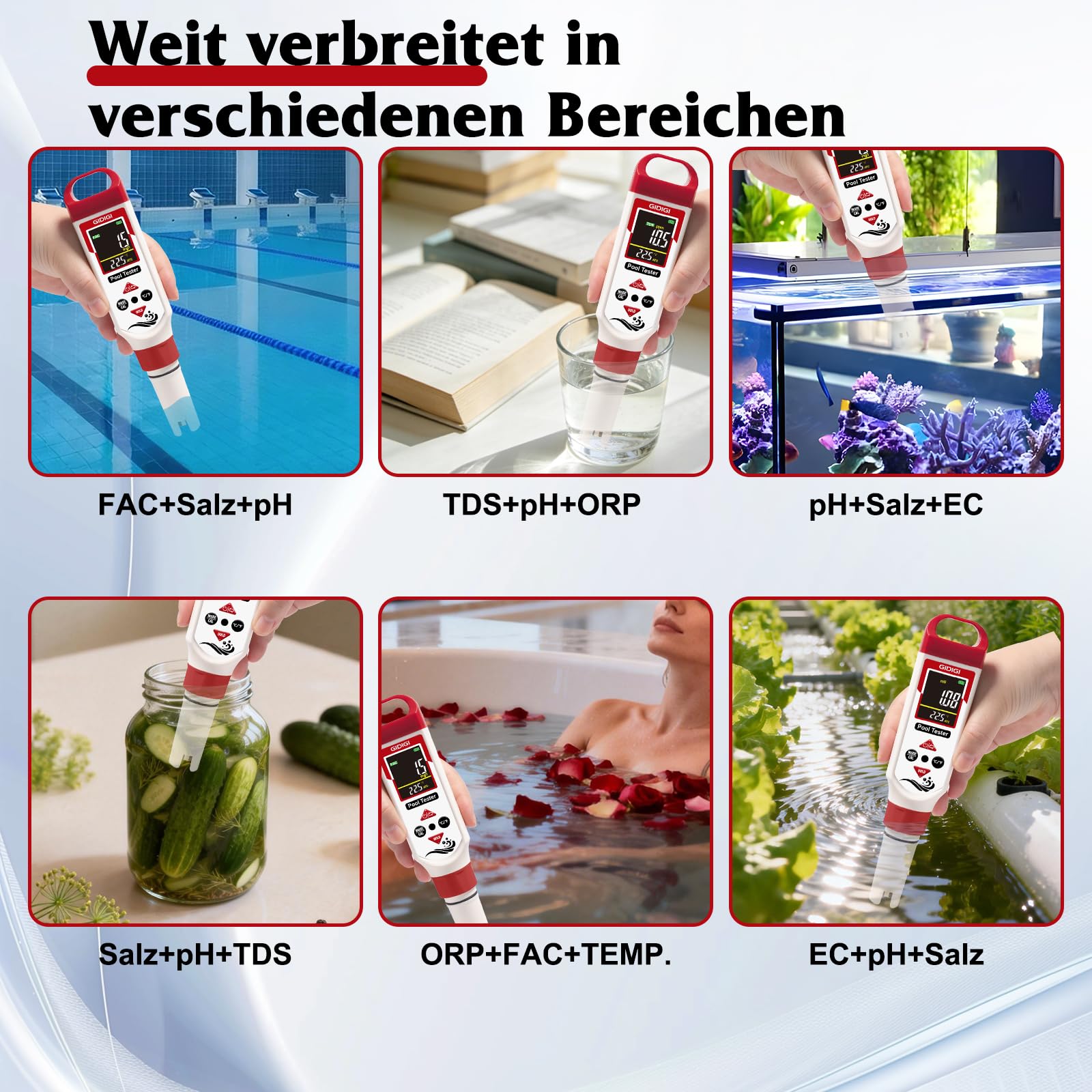 7-in-1 Poolwasser Tester für freies Chlor (FAC), pH Wert, Redoxpotenzial (ORP), Salzgehalt, EC, Gesamtfeststoffgehalt (TDS) Digitaler Chlortester für Salzwasserpools, Whirlpools, Hydrokulturen