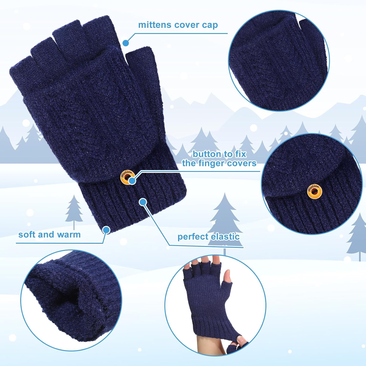 SATINIOR 3 Pairs Winter Fingerless Wool Gloves Warm Knitted Convertible Mittens Flap Cover Texting Mittens for Women Men - Image 4