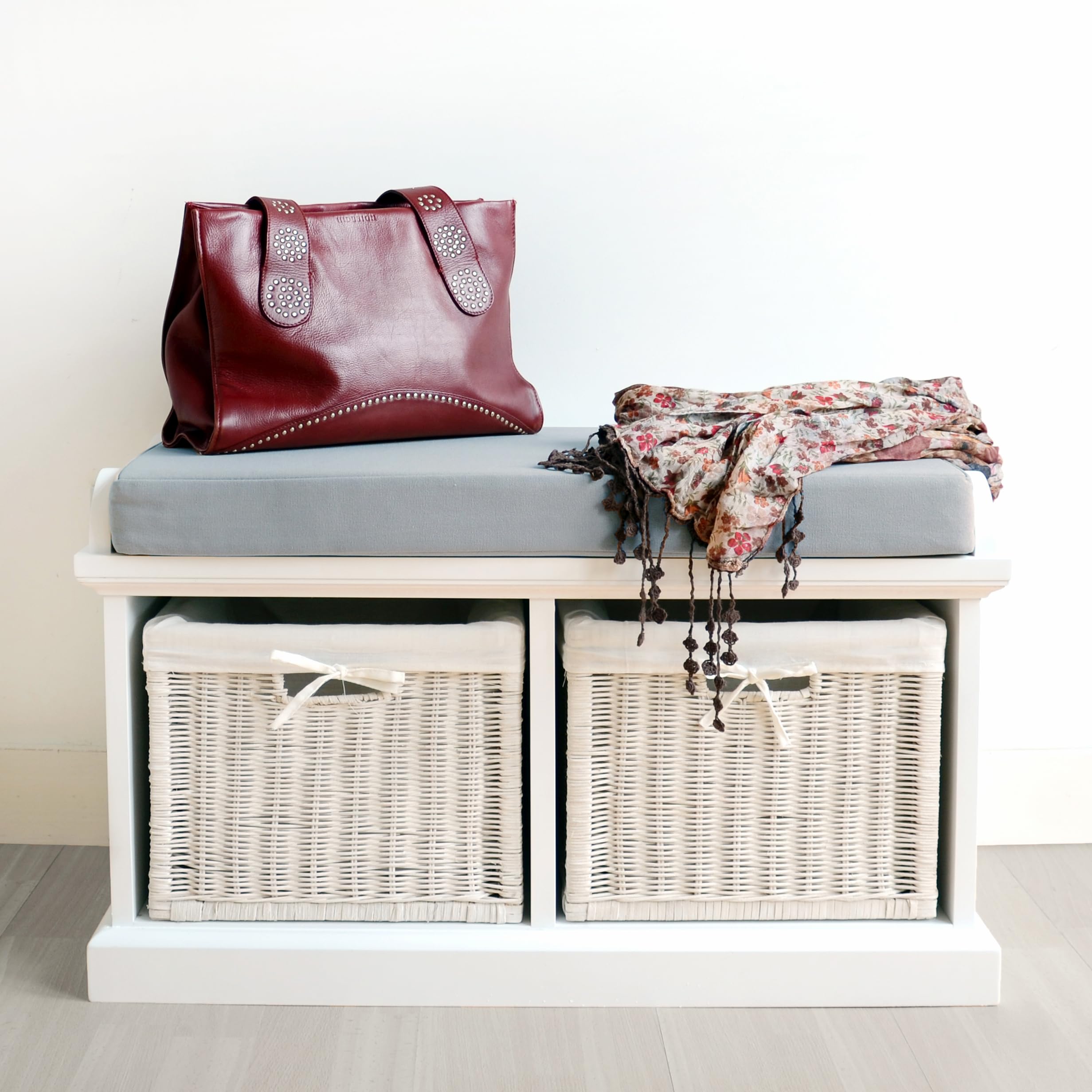 Statement Furniture Tetbury Hallway Storage Bench with 2 Wicker Baskets | White Indoor Bench with Grey Cushion Seat | W76cm H46cm D40cm | Fully Assembled, Very Sturdy (white G)