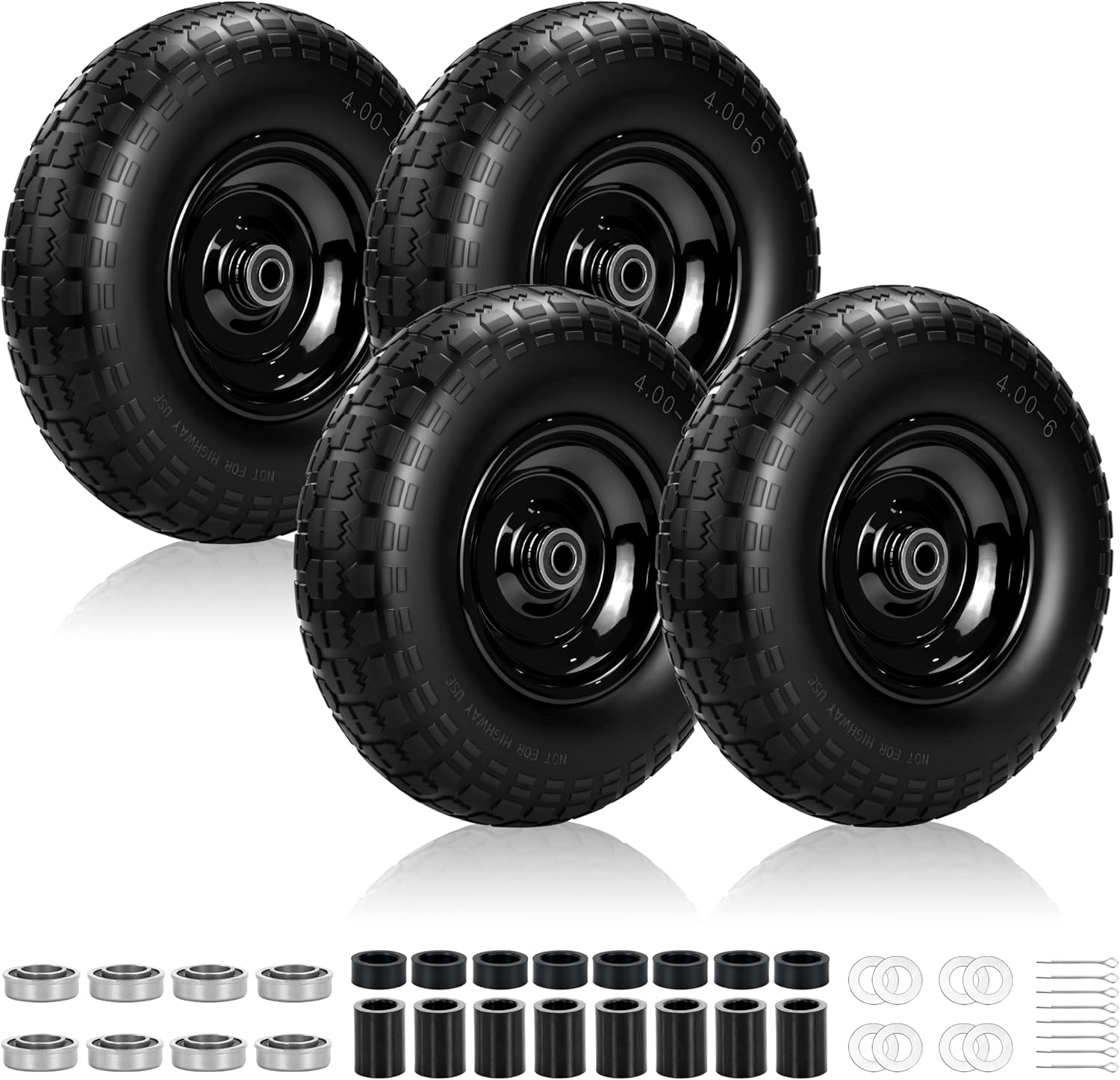 4 PCS, 13" wheelbarrow wheels 4.00-6 Flat Free Tire and Wheel with 5/8" & Extra 3/4" Bearings, Adjustable 1.8"-5.8" Centered Hub, Compatible with Gorilla Cart Wheels, Wheelbarrows, Garden Carts, Black
