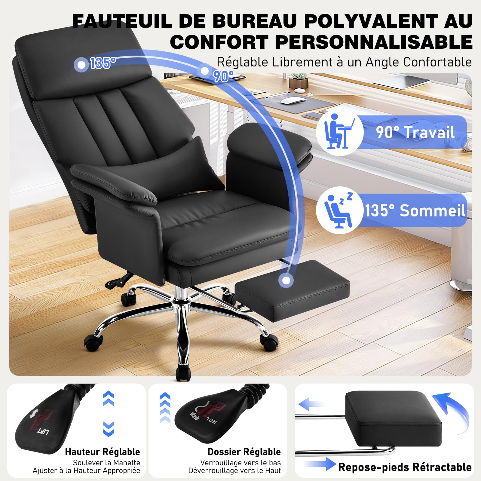 Hellove Fauteuil de Bureau avec Soutien Lombaire Précis, Chaise Ergonomique en Cuir PU avec Repose-Pieds (200kg), Dossier Haut Inclinaison 135°, Fauteuil Direction Pivotant pour Home Office, Noir