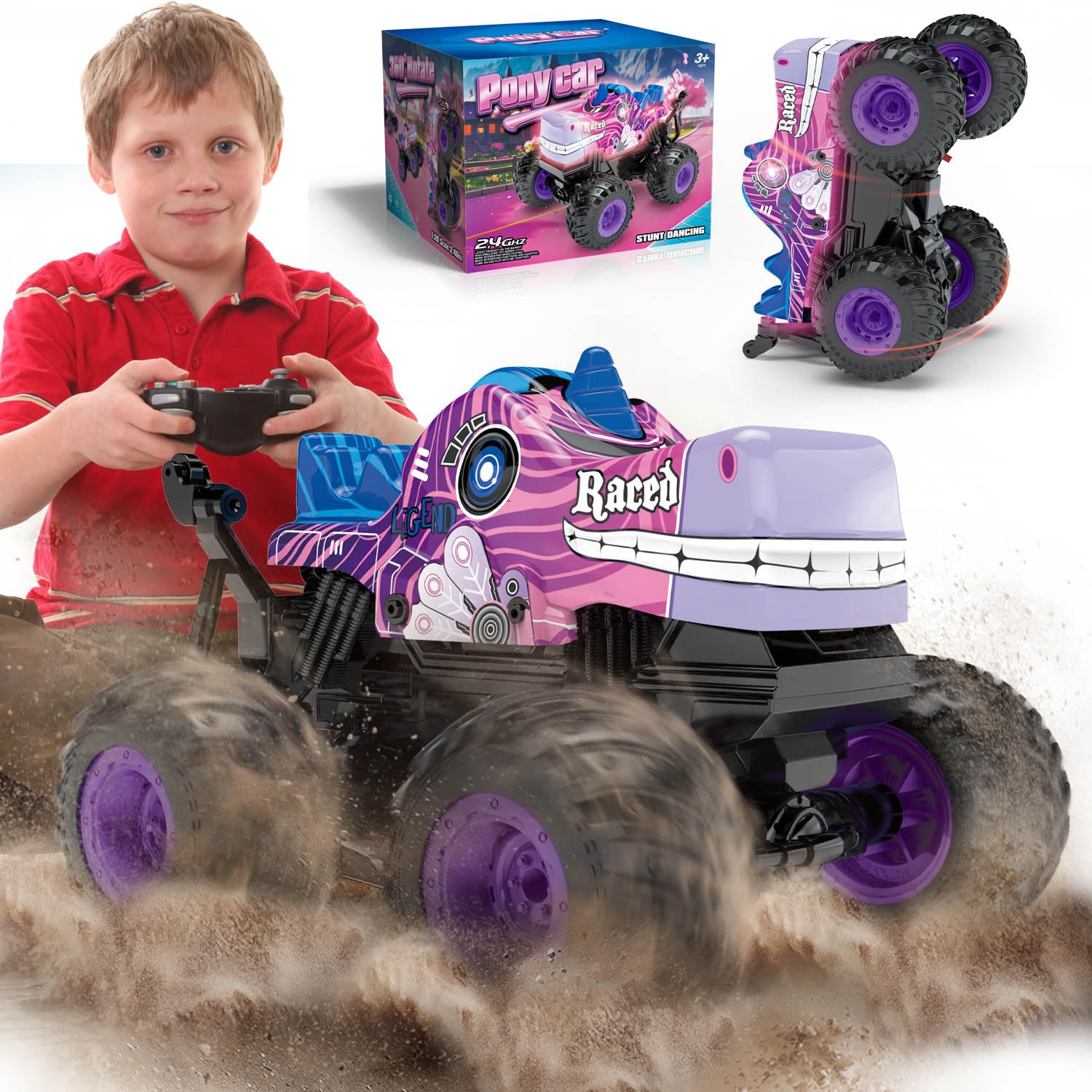 DYODYORC Remote Control Car, 2.4Ghz All Terrain Pony Monster Truck Toys, RC Truck with Music, 3 Lighting Effects, 360 Stunt Capable, All Included Ready to Run, Toy Gifts for Boys and Girls (Pink)