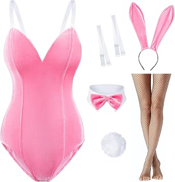 Women Velvet Bunny Costume Bunny Girl Suit Costume Senpai Cosplay One Piece Bodysuit Stockings Set