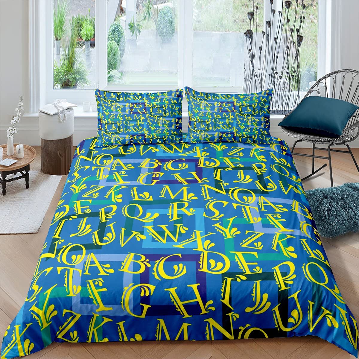 Ensemble de literie bleu et jaune avec couvre-lit ultra doux pour grand lit
