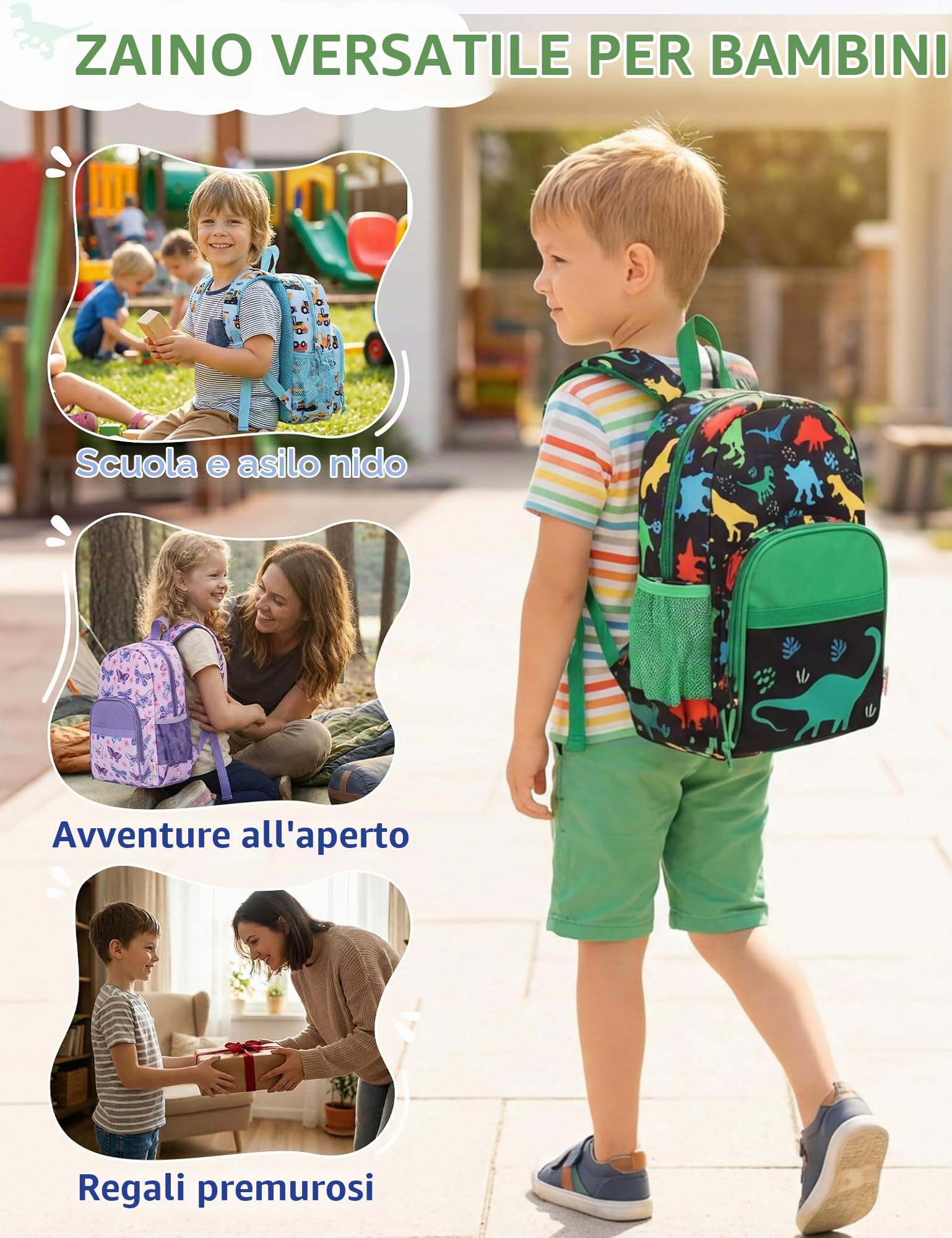 RAVUO Zainetto Bambino, Leggero Zaino Scuola Elementare Impermeabile Zainetto Asilo Bambina Carino Zaino Bimbo Zaino Ragazzo Zainetto Dinosauri Grande per Prescolare 2-10 Anni