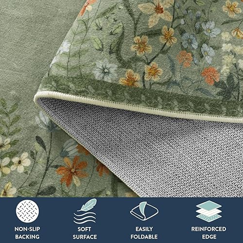 Miniatura 6 de Lahome Alfombra de cocina con estampado floral bohemio de 2 x 3 pies, color verde, lavable a máquina, tapete pequeño de baño, tapete suave y