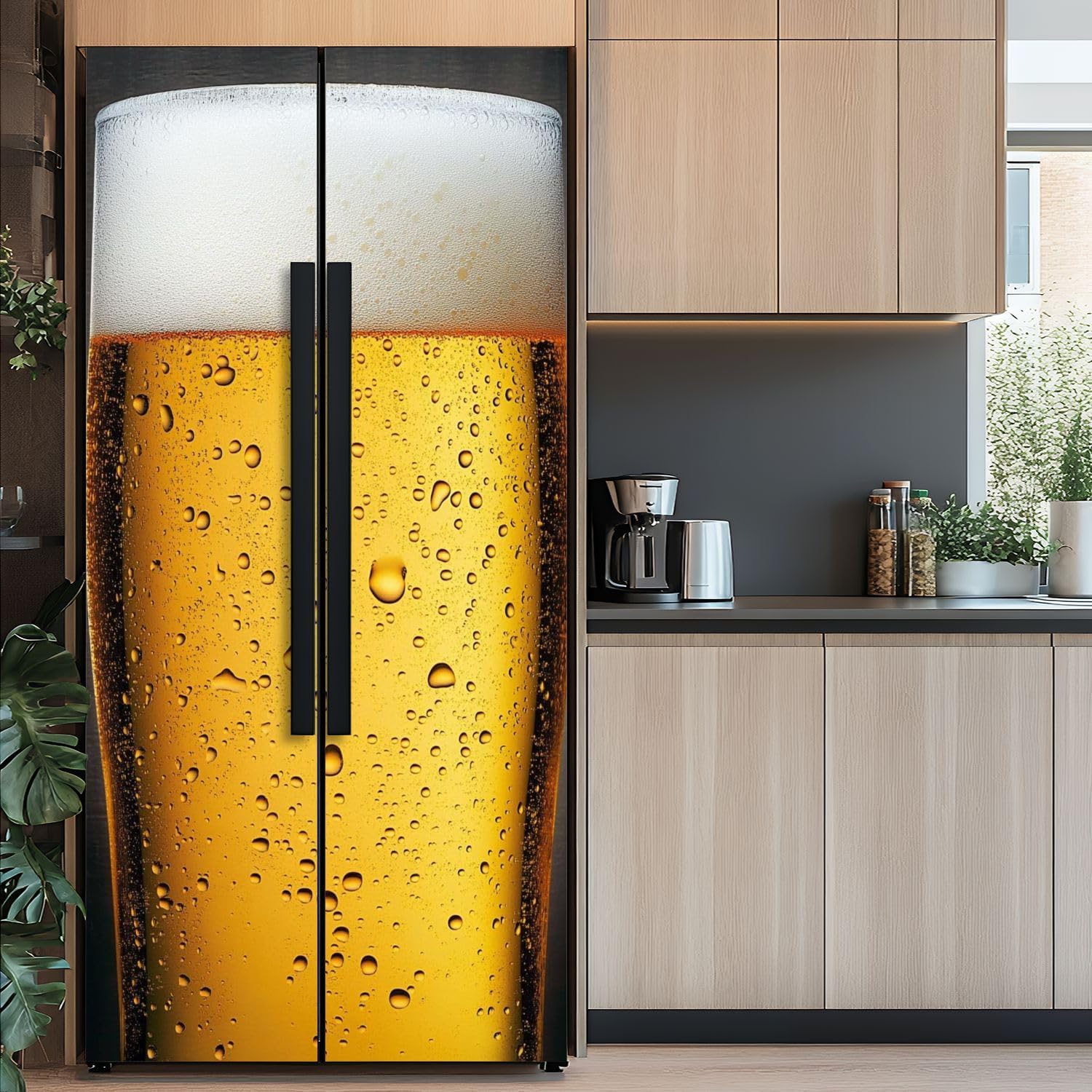 Self Adhesive Vinyl Refrigerator Wrap Beer Door Mural Sticker Peel and Stick Removable Door Cover Fridge Wrap Decal for Kitchen Decor