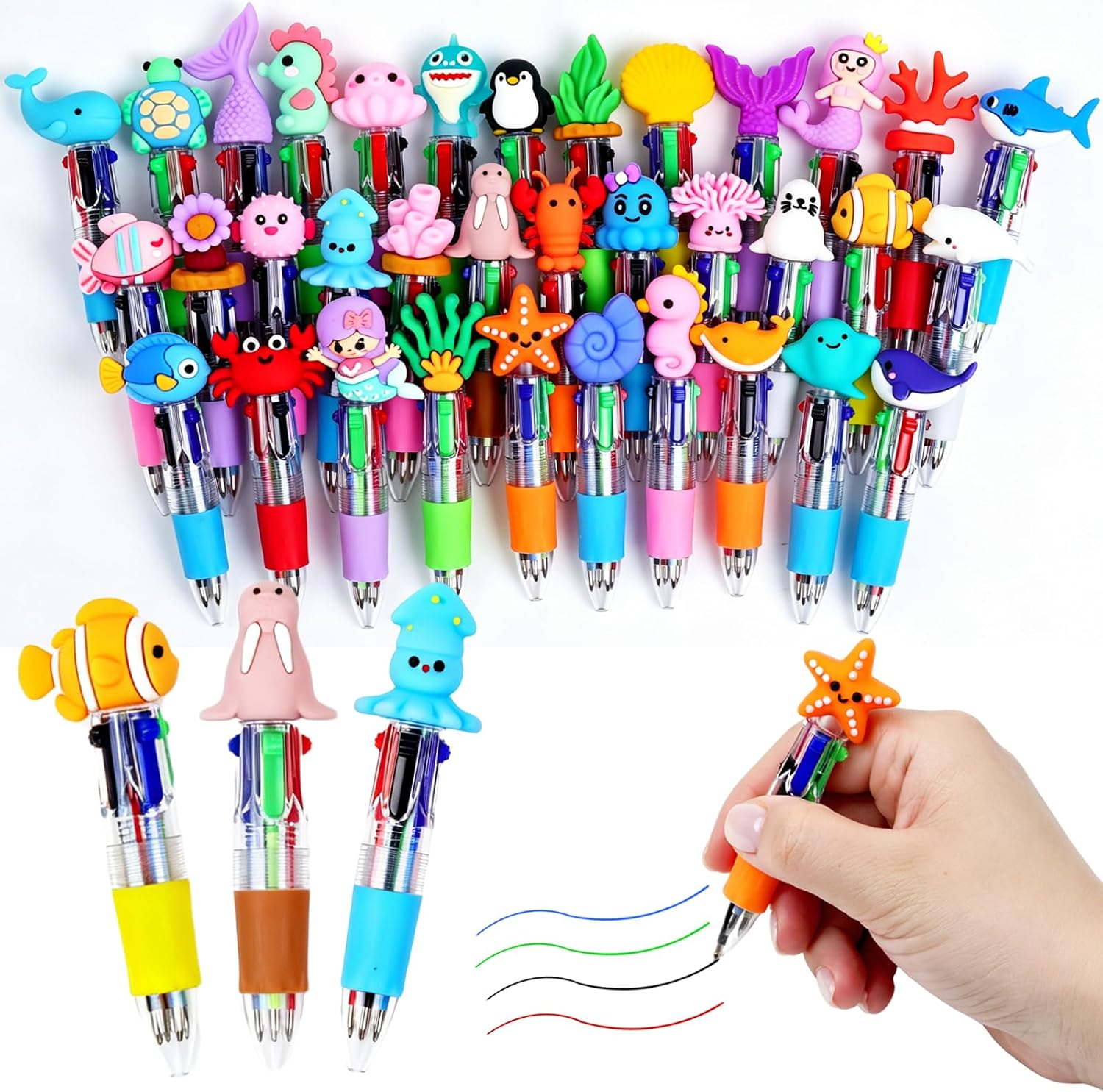 35 Pcs Mini Multicolor Pens in One 4-in-1 Fun Pens Bulk Gifts Ocean Animal