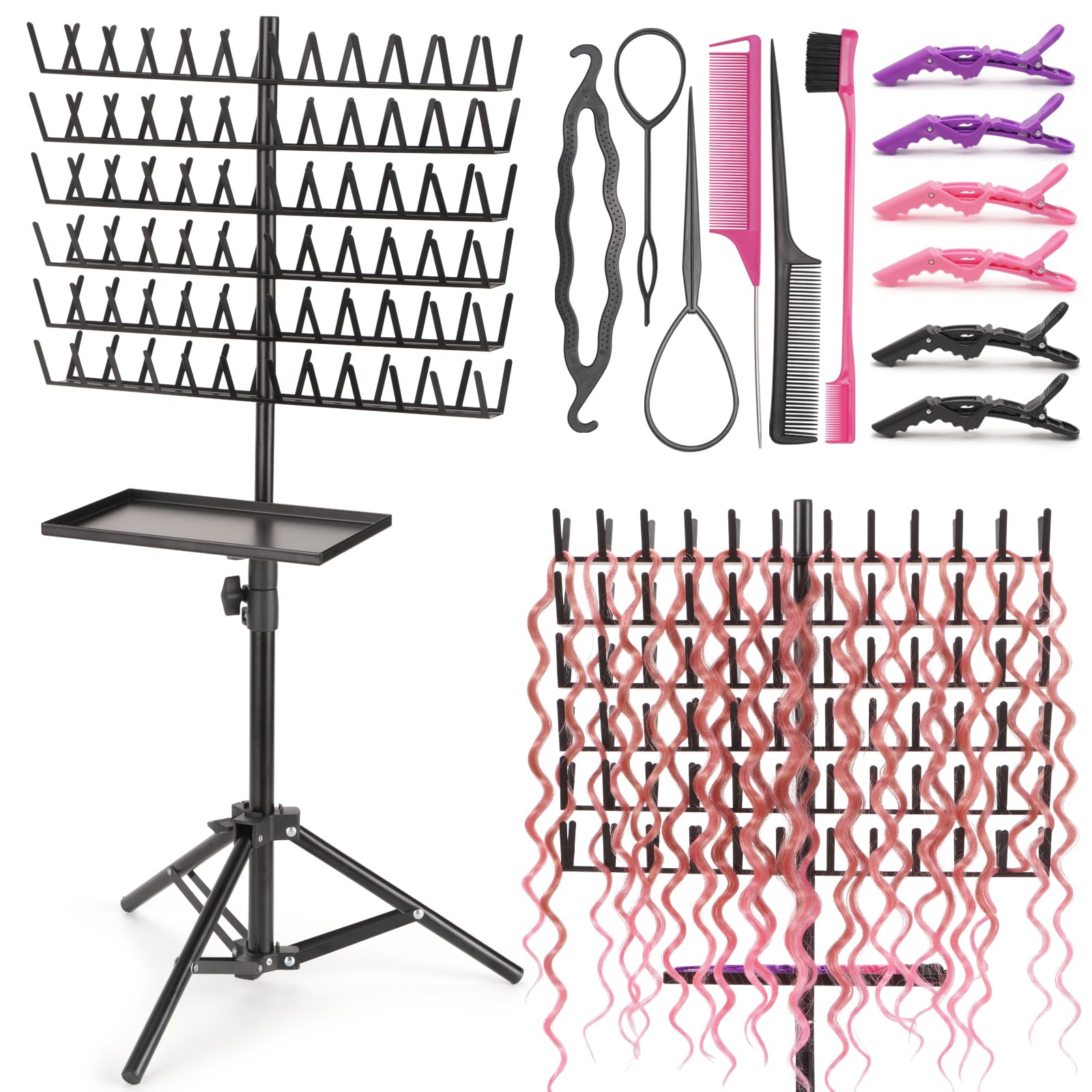 Astroneer Adjustable Height Braiding Hair Rack Standing,144 Pegs Braiding Rack Hair Extension Holder with Hair Braiding Tools and Salon Tray, Perfect Braiding Rack Stand for Hair
