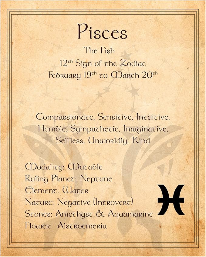 Pisces Zodiac Sign Wall Art – 8x10 Unframed Vintage Parchment Poster in Antique Tan | Astrology Decor Print with Traits & Symbols | Celestial Mystic Boho Artwork for Horoscope Lovers, Gift-Ready