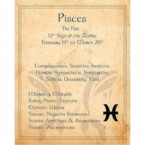 Pisces Zodiac Sign Wall Art – 8x10 Unframed Vintage Parchment Poster in Antique Tan | Astrology Decor Print with Traits & Symbols | Celestial Mystic Boho Artwork for Horoscope Lovers, Gift-Ready