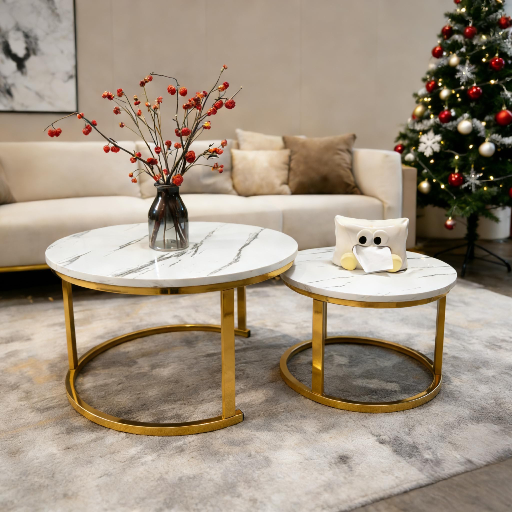 HXXYOYO Nesting Coffee Table Set, Round Marble Pattern Wood Top with Gold Metal Frame, 23.6 Inch Modern Living Room Table, Space-Saving Design, 2 Piece Set (White+Gold(MDF+23.6inch))