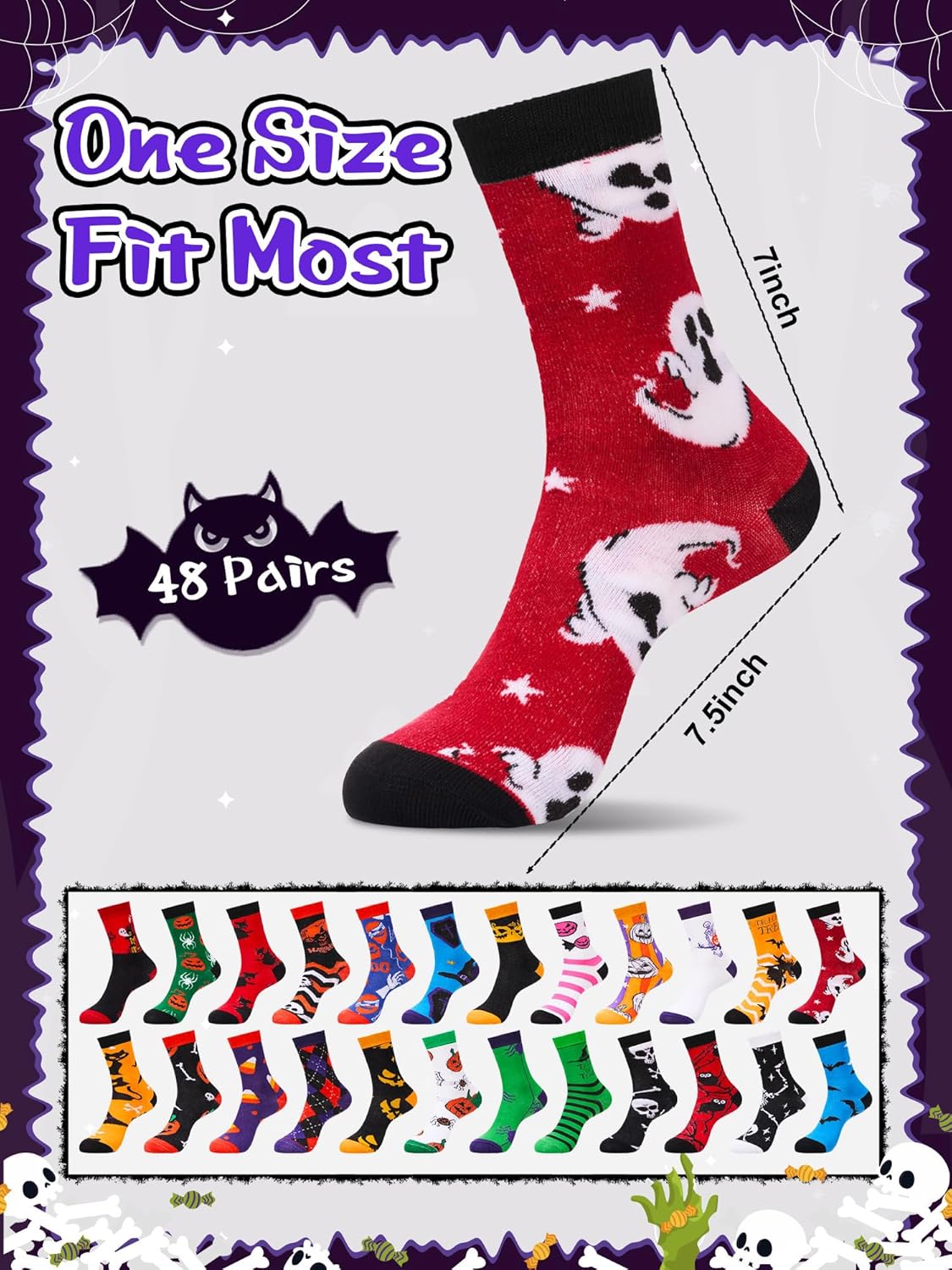 48 Pairs Halloween Socks Bulk for Adults Unisex Men Women Trick or Treat Boo Spooky Ghost Pumpkin Themed Orange Black Dress Soft Comfortable Socks for Halloween Holiday Gifts