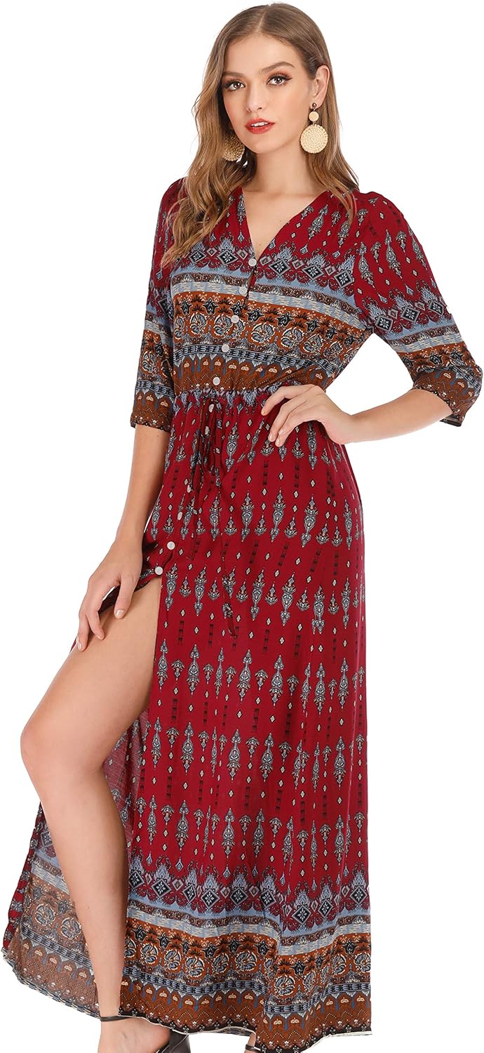 R.Vivimos Women's Summer Boho Button Up V Neck Floral Print Roll Up Causal Split Beach Midi Dresses - Image 2