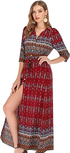 Miniatura 2 de R.Vivimos - Vestido bohemio a media pierna de verano para mujer con estampado floral, botones, tirantes delgados, cuello en V