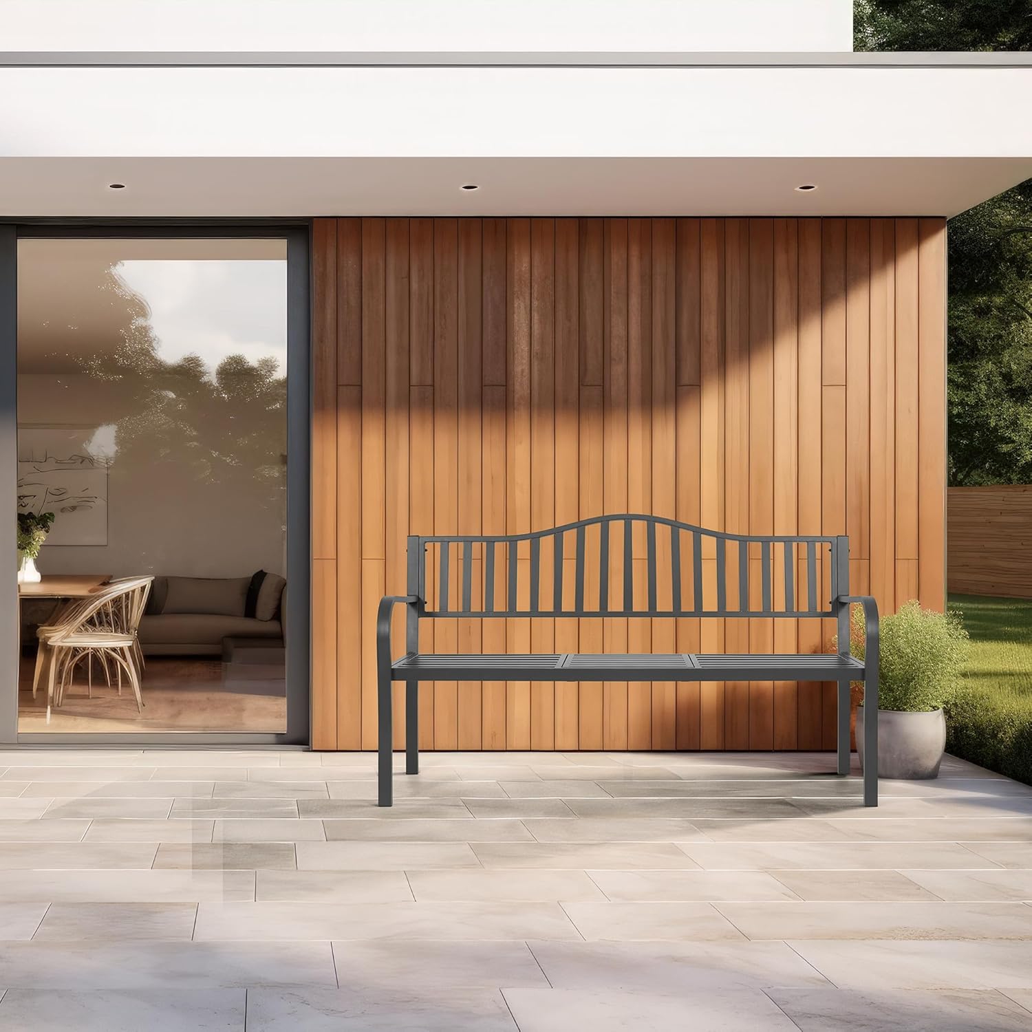 BODIOO Outdoor Metal Garden Bench 59" Patio Bench with Built in Table Park Bench, Outside Bench Weather Proof Front Porch Bench, 500lbs, Gray