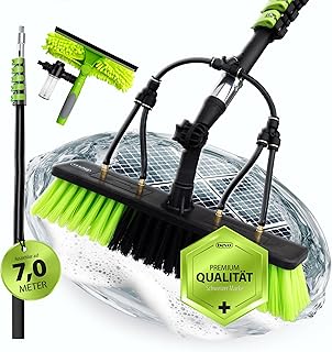 bevo - 4in1 Teleskop Waschbürste 7,2 M für Photovoltaik, Fenster, Wohnmobil & Dach-Reinigung - Teleskopstange & Teleskopbürste Reinigungs-Set mit Wasseranschluss, Reinigungs-Bürste & Wischer PV Anlage