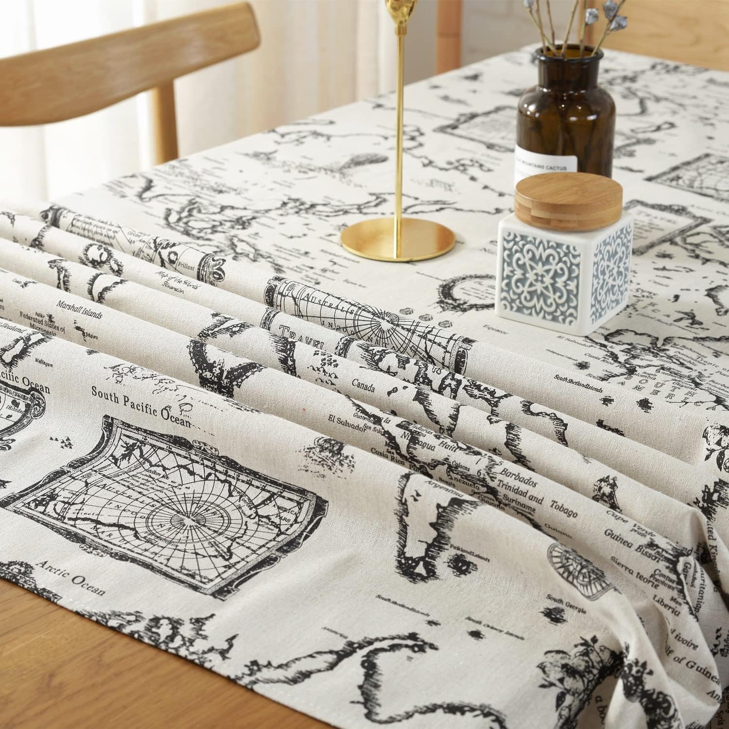World Map Cotton Linen Tablecloth,Antique Map Printed Tablecloth,Washable Retro Style Rectangle Table Cover for Dinner,Party,Picnic,Home Decor (55.1X98.4 inch)