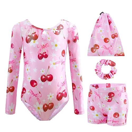 Tstiti Gymnastics Leotards for Girls Long Sleeve Kids Tumbling Gymnastic Outfit Clothes with Shorts Storage Bag
