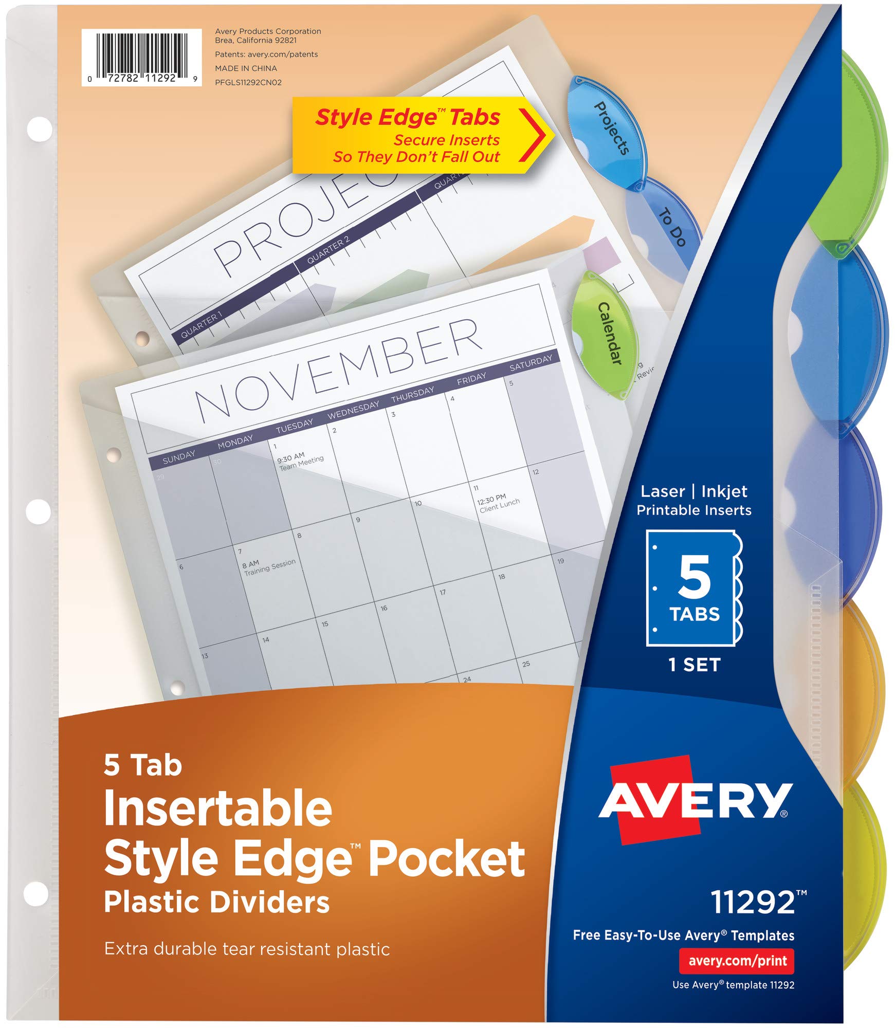 Avery Insertable Style Edge Plastic Dividers with Pockets, 5 Multicolor Tabs, 1 Set (11292)