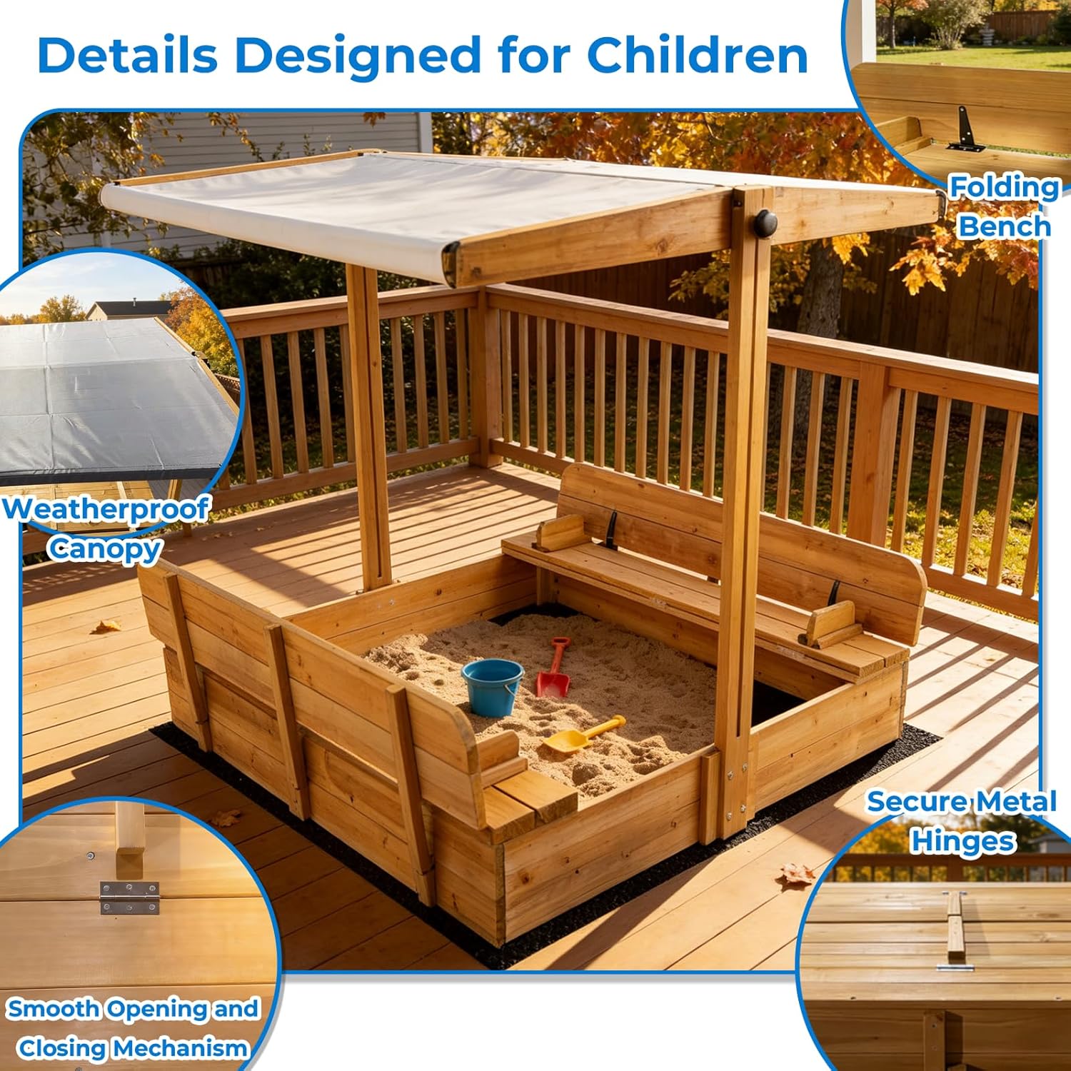 Large Wooden Kids Sandbox with Lid, Outdoor Weatherproof Sand Box with Covers, 2 Foldable Benches, Adjustable Height Canopy, Gift for Kids Aged 2-8 (47x47in)
