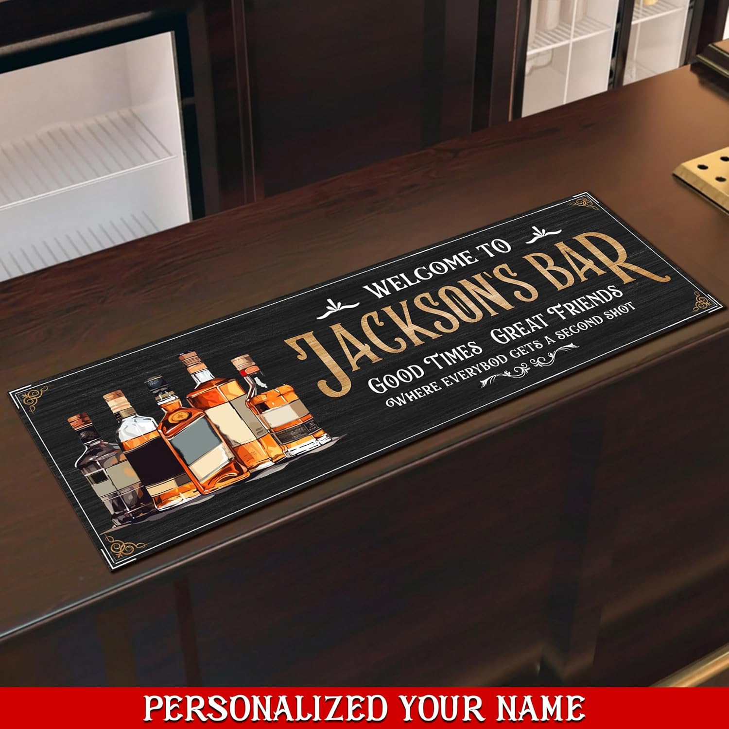 Personalized Bourbon Bar Mat for Countertops, Runner Bar Mat Kitchen Accessories, Home Bar Men Cave Decorations, Home Table Decor Place Spill Mats (04)