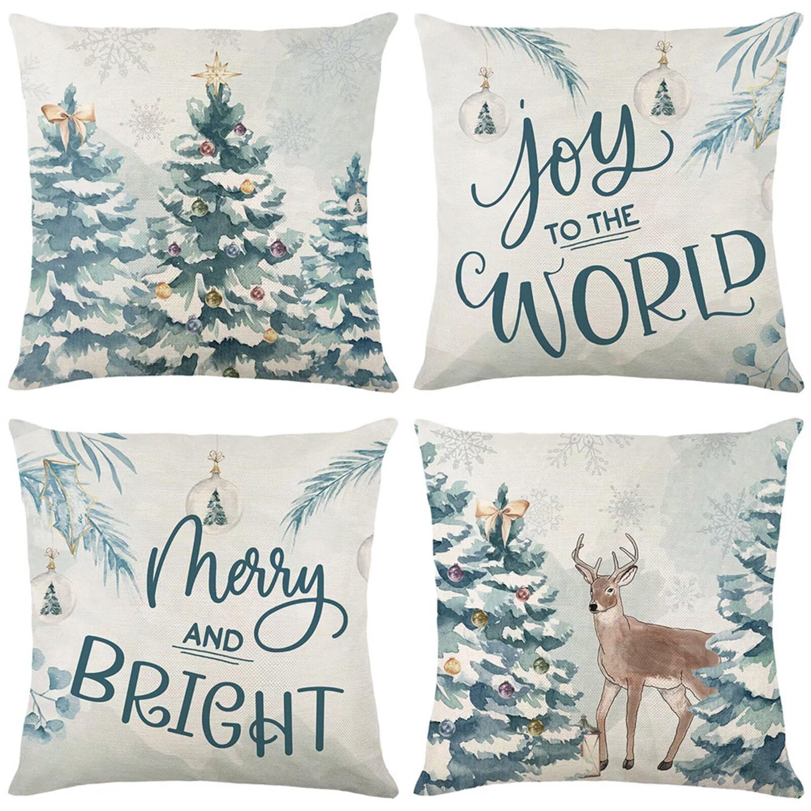 Natale Fodere per Cuscini 60x60cm 4 Pezzi Natale Inverno Cuscini Caso Federa, Copricuscini Natalizi, Invernale Natalizie Divano Decorativi di Natale per Divano Soggiorno Auto Natalizie Decor