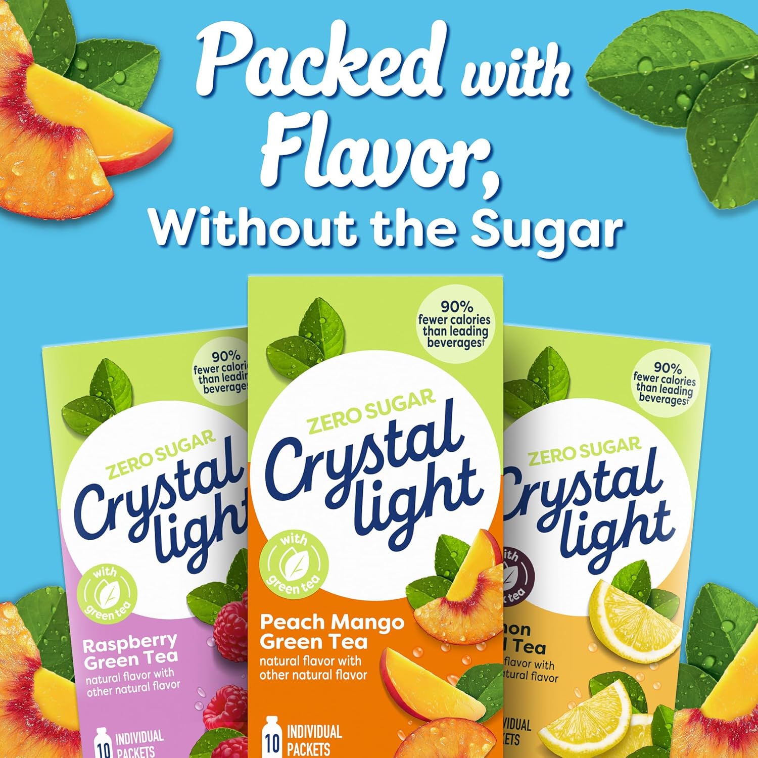 Crystal Light On-the-Go Sugar Free Iced Tea Powder Drink Mix, 4 Pack - Peach Mango Green Tea, Raspberry Green Tea, Lemon Iced Tea & Sweet Tea (Variety Pack)