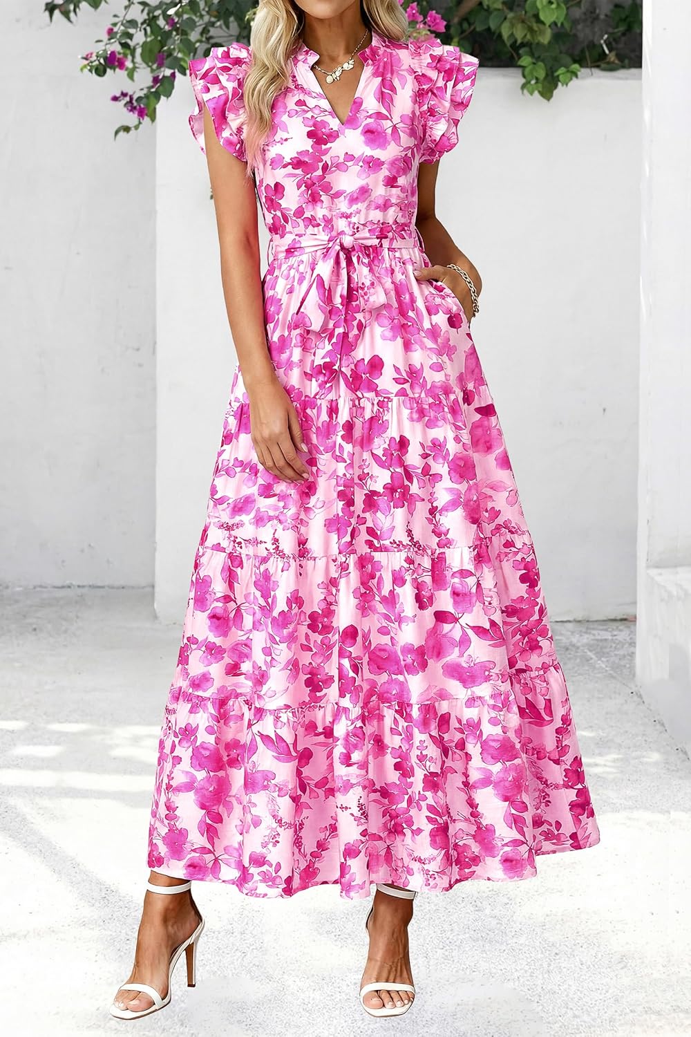 dowerme Women Summer Maxi Dresses 2026 Ruffle Sleeve V Neck Floral Boho Long Dress Belted Tiered Sundress with Pockets