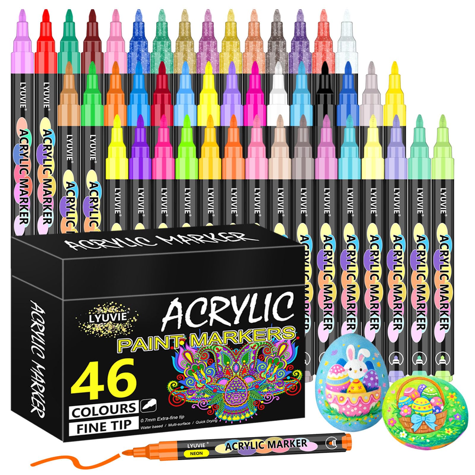 Acrylic Paint Pens,46 Colours Acrylic Pens for Rock Painting Fabric Glass Pebbles Stone Metal Wood Ceramic,Water-Based Permanent Paint Pens Markers with 0.7mm Extra Fine Tip