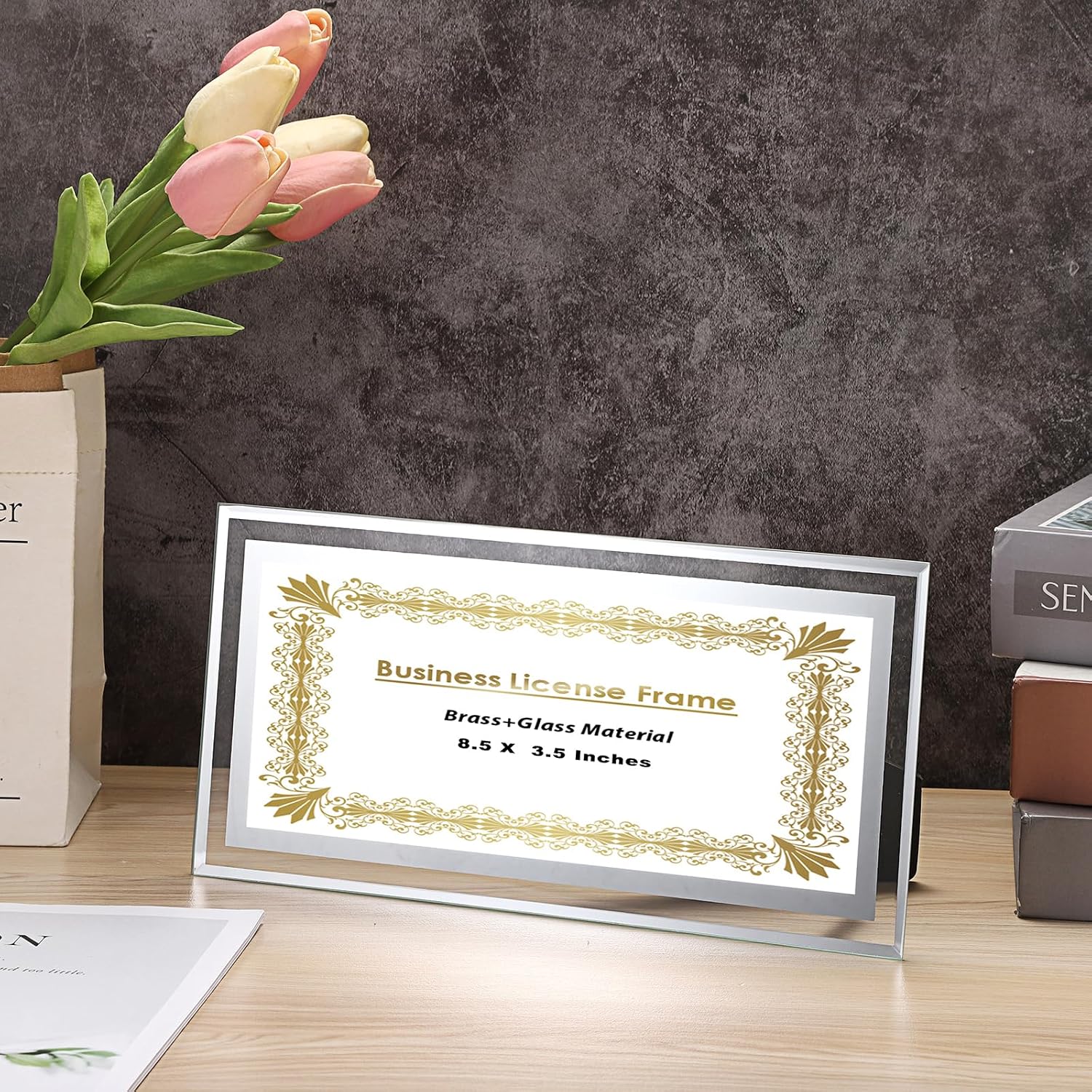 JUXYES Clear Glass Business License Frame for Wall and Tabletop - Display Picture or Retail Licenses, Transparent Certificate Holder for License Cosmetology Salon Esthetician, 3.5 x 8.5 Inches