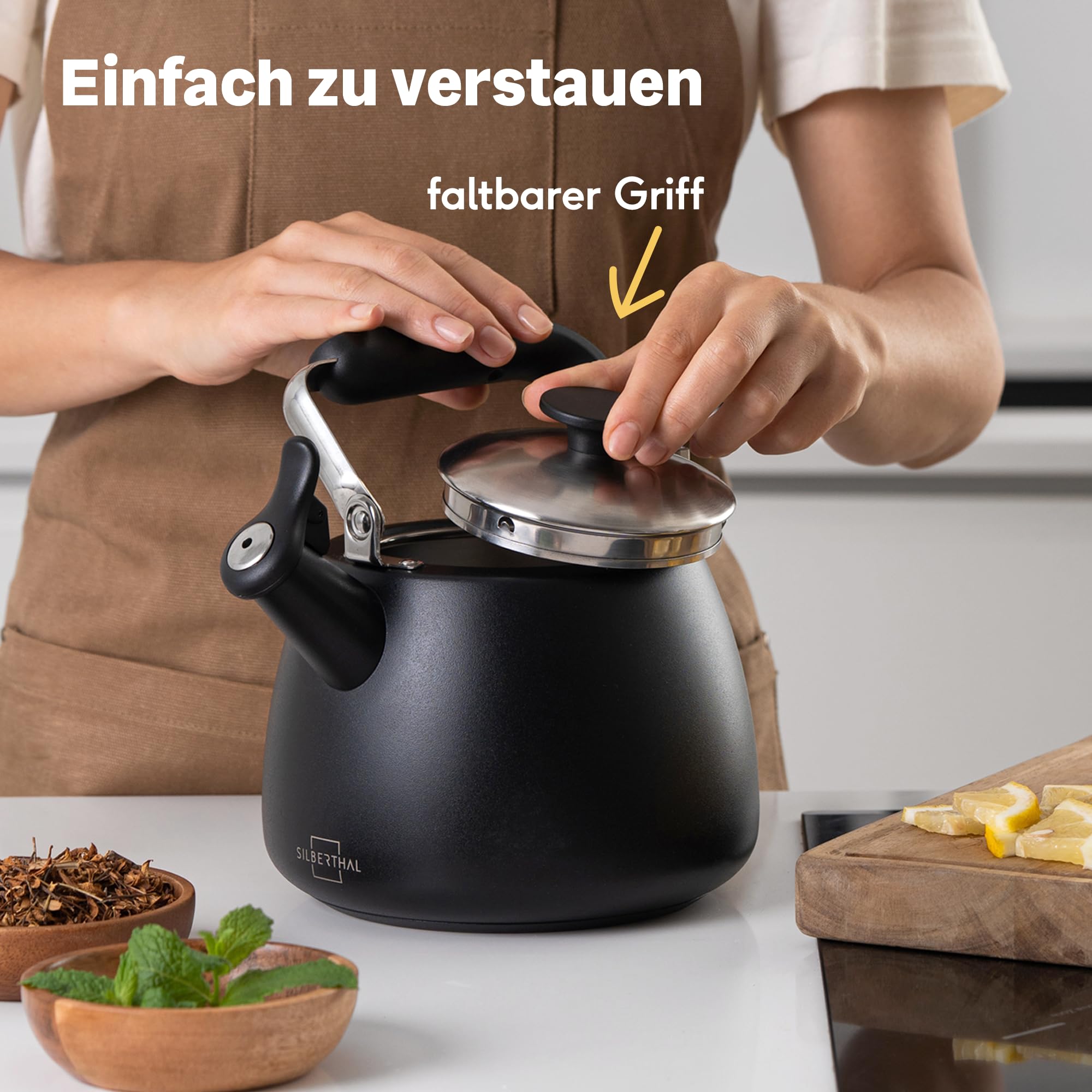 SILBERTHAL Wasserkessel Induktion 2,8l mit lauter Pfeife– Teekessel Edelstahl – Wasserkocher für Camping - Flötenkessel Schwarz