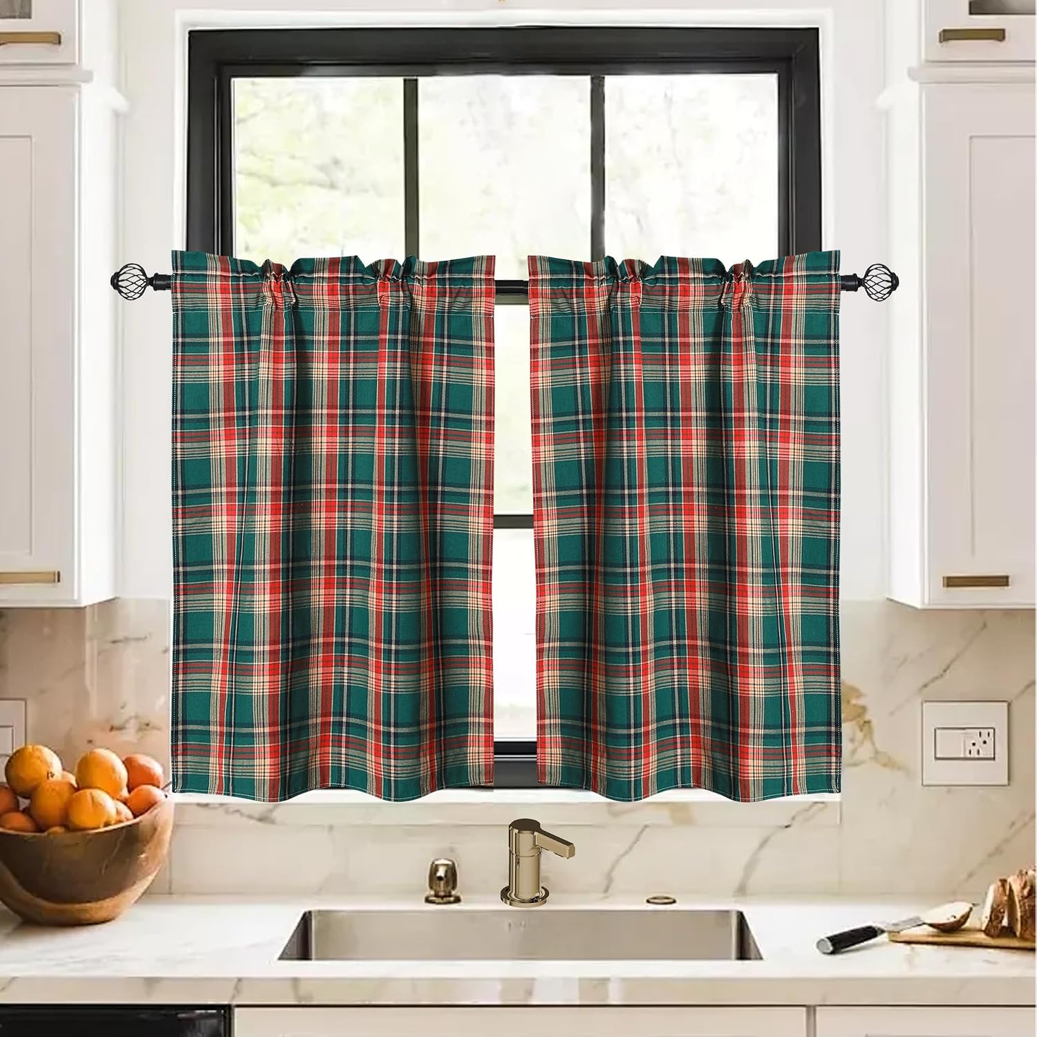 Scottish Plaid Geometric Tier Curtains Green Rod Pocket Half Window Curtain Vintage Country Check Small Christmas Kitchen Cafe Curtains, Set of 2, 28 x 24 Inch