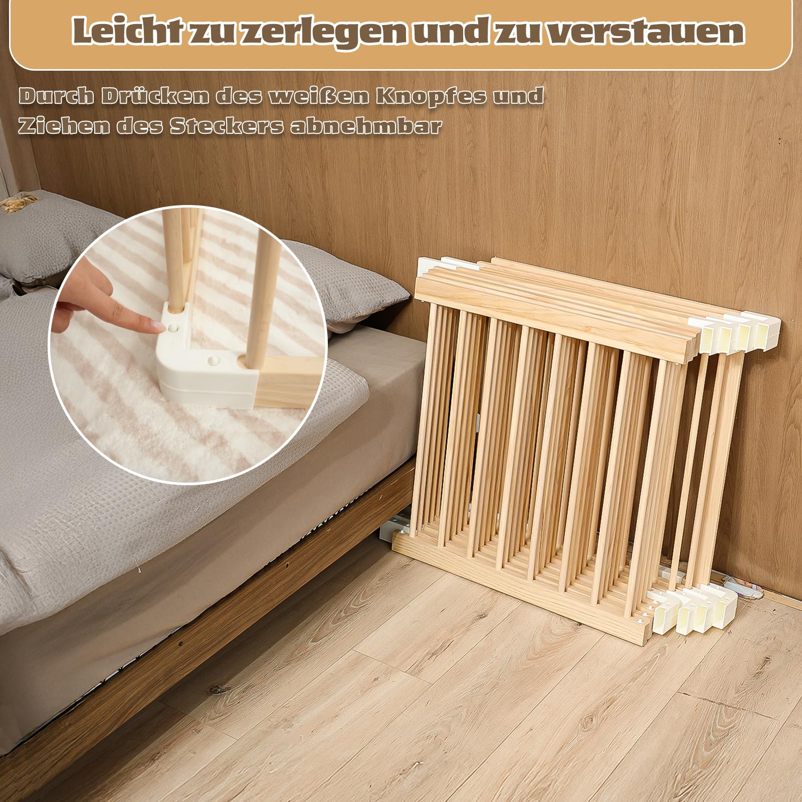 Baby Laufstall aus Holz mit Tür & Sicherheitsverschluss - Robustes Laufgitter zum Zusammenbauen, individuell formbares Krabbelgitter & Absperrgitter für Babys und Kleinkinder(135 * 134 * 61 cm)