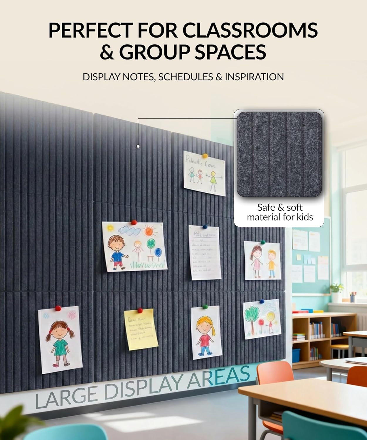 Large Cork Board Alternative 48" x 36" with Push PINS & Wall Safe Adhesive Tabs – Push pin Board for Walls in Home or Office, Felt Bulletin Board Tiles, Versatile Felt Board Layout, Smoky Grey