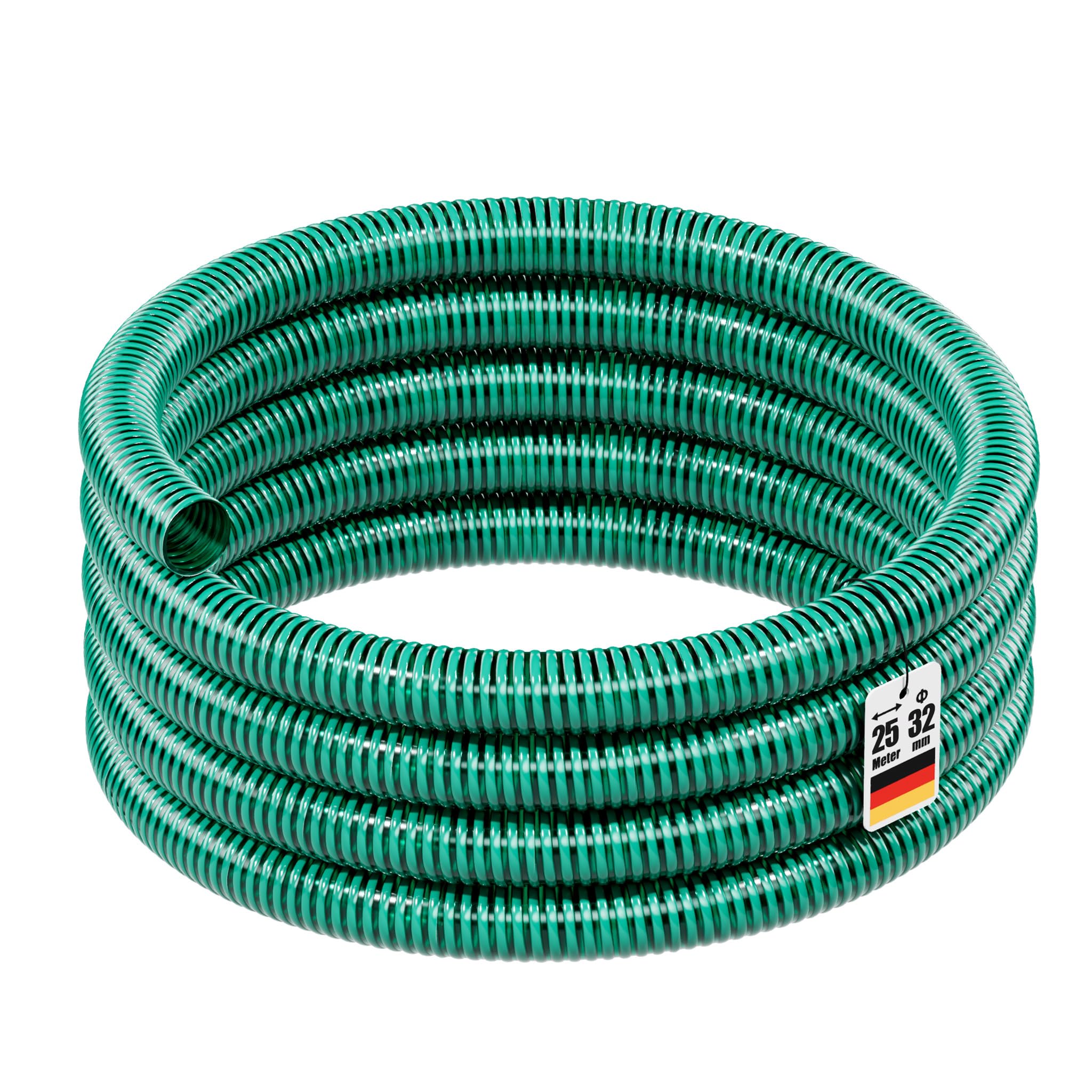 Wiltec wąż ssący ciśnieniowy 25m, elastyczny, 32mm (1 1/4") zielony - Wyprodukowano w Europie, do podłączenia do pomp stawowych i domowych instalacji wodociągowych