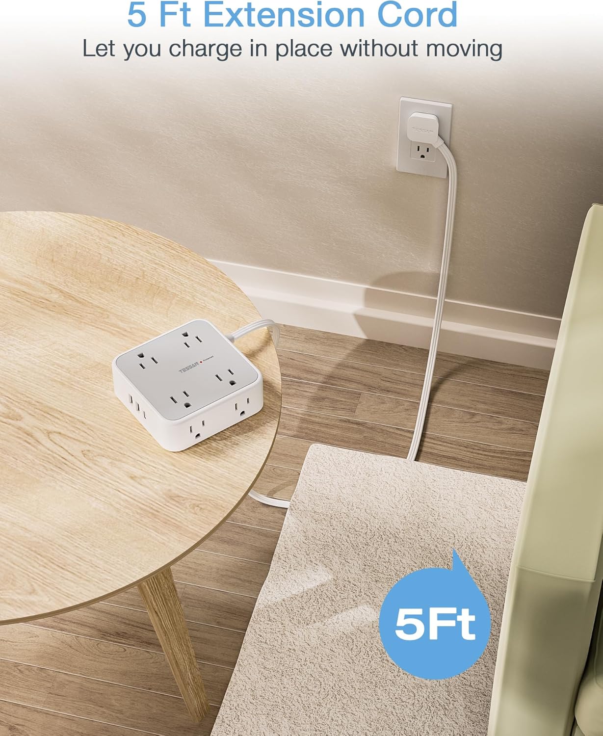 TESSAN Surge Protector Power Strip, 5 Ft Flat Plug Extension Cord with 3 USB (1 USB C) 8 Outlets, 1250W, 900J Protection, 3 Sided Outlet Extender with Power Switch for Office, Dorm Room Essentials thumbnail