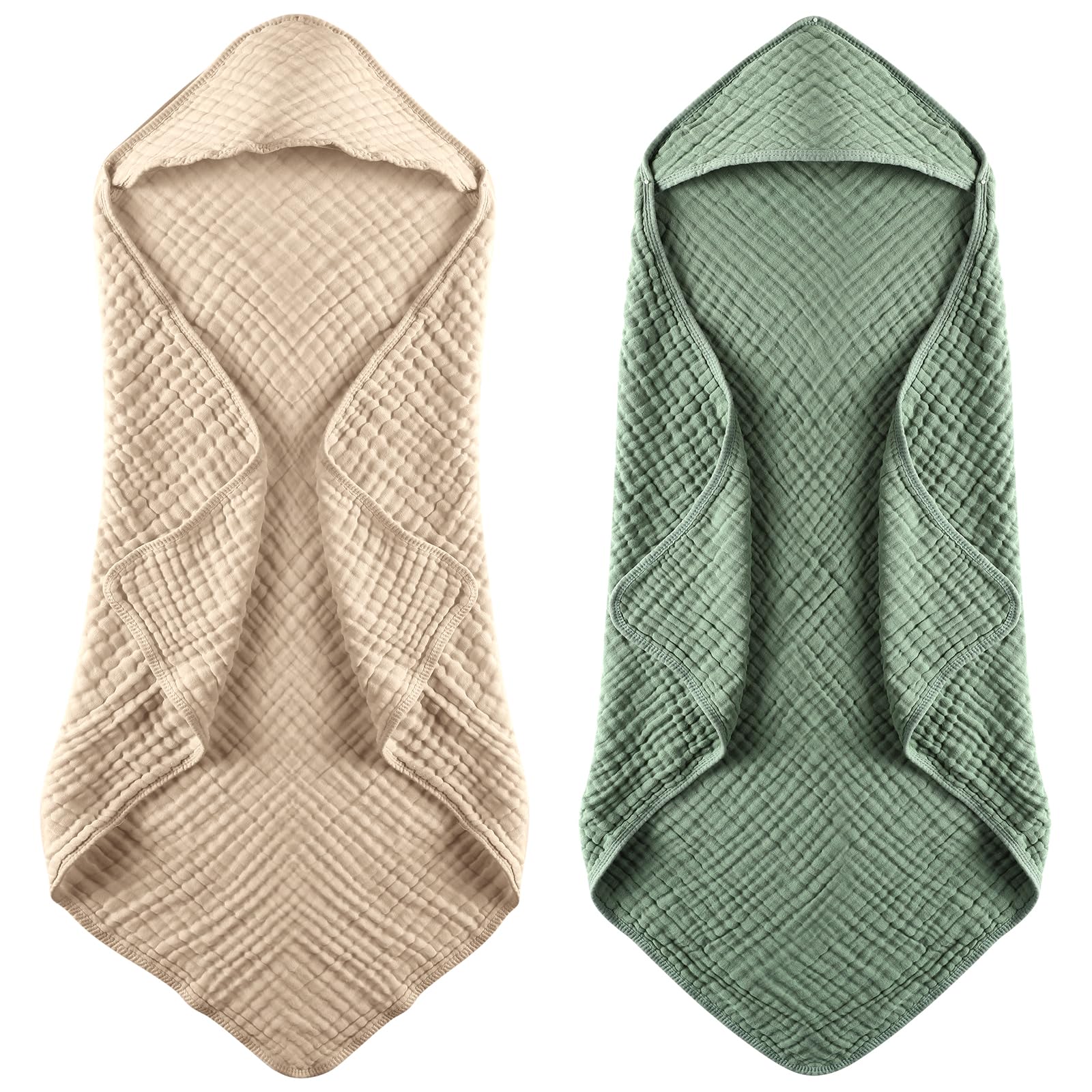 MUKIN Baby Hooded Towels, Muslin Cotton, 2-Pack, for Newborn, Infant, Toddler and Kids (Dark Green,Khaki)