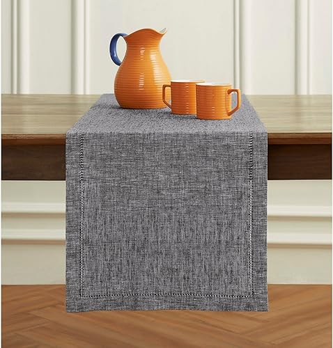 Solino Home Camino de mesa de lino de 36 pulgadas, 100% lino puro, camino de mesa de verano índigo cambray, 14 x 36 pulgadas, lavable a máquina,