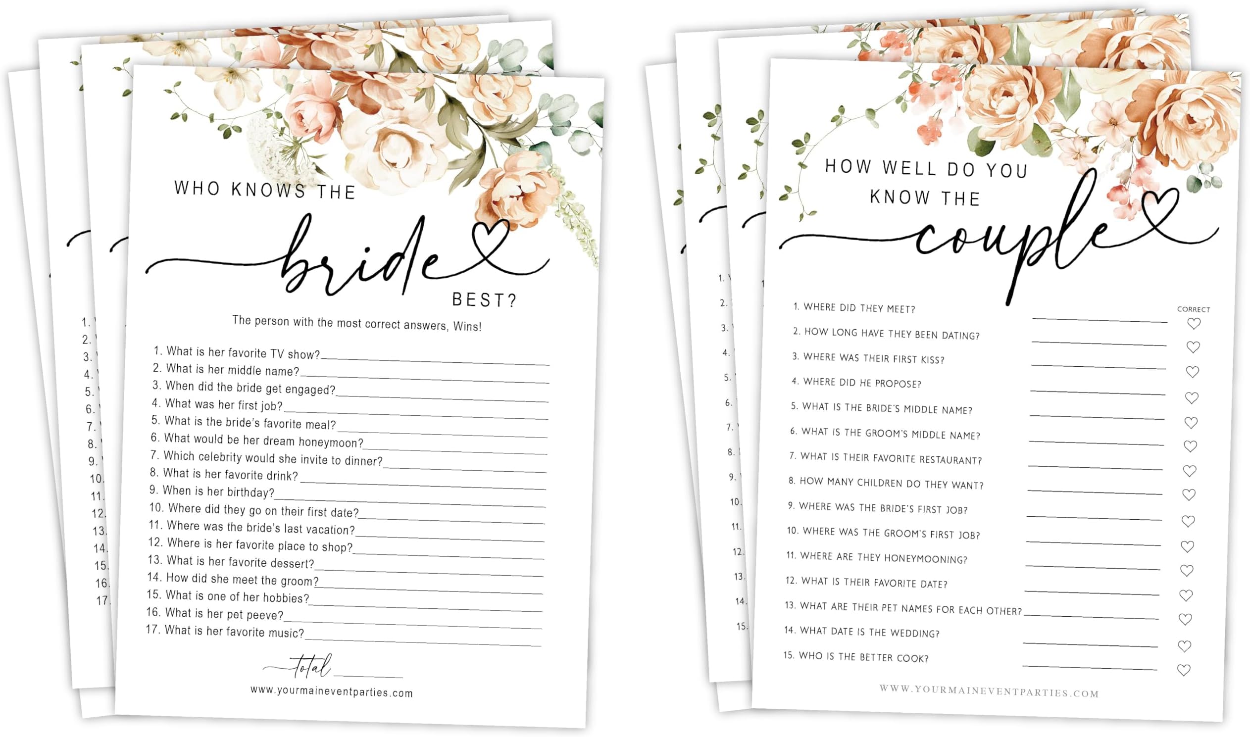 Your Main Event Prints 50 Pack of Bridal Shower Games, How Well Do Know The Couple and Who Knows The Bride Best, Floral Modern Minimalistic Design.