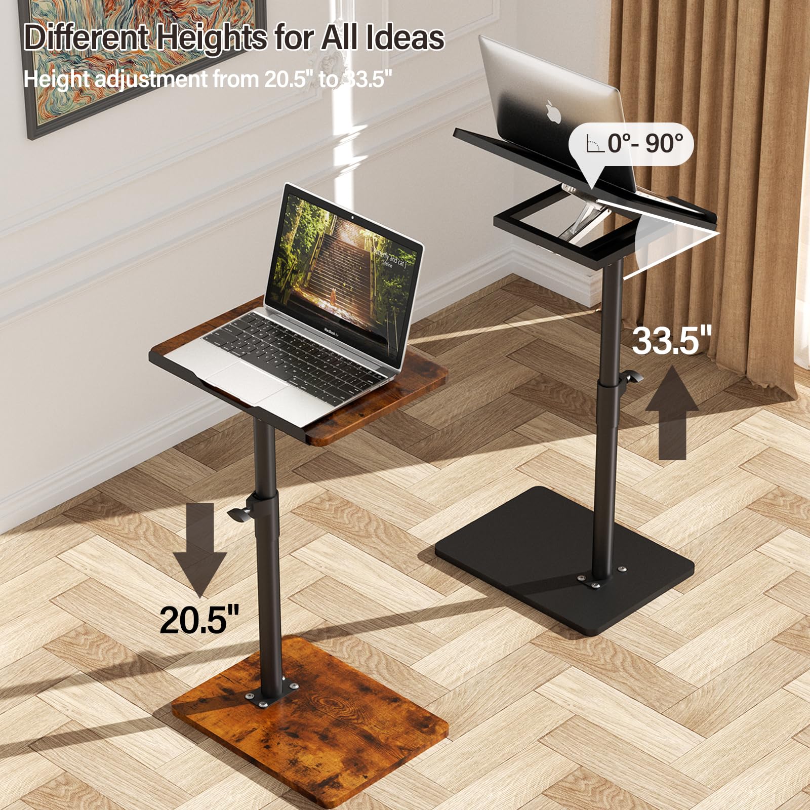 YUHFERA Mesa auxiliar con reposabrazos de sofá para sofá, mesa auxiliar giratoria de 360° de altura ajustable para espacios pequeños, mesa auxiliar de aperitivos para cama o silla con ranura para