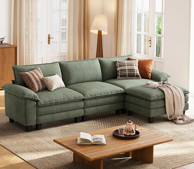 LINSY HOME 123 Modular Sectional Sofa Green Couch Corduroy Cloud Couches for Living Room L Shaped Couch with