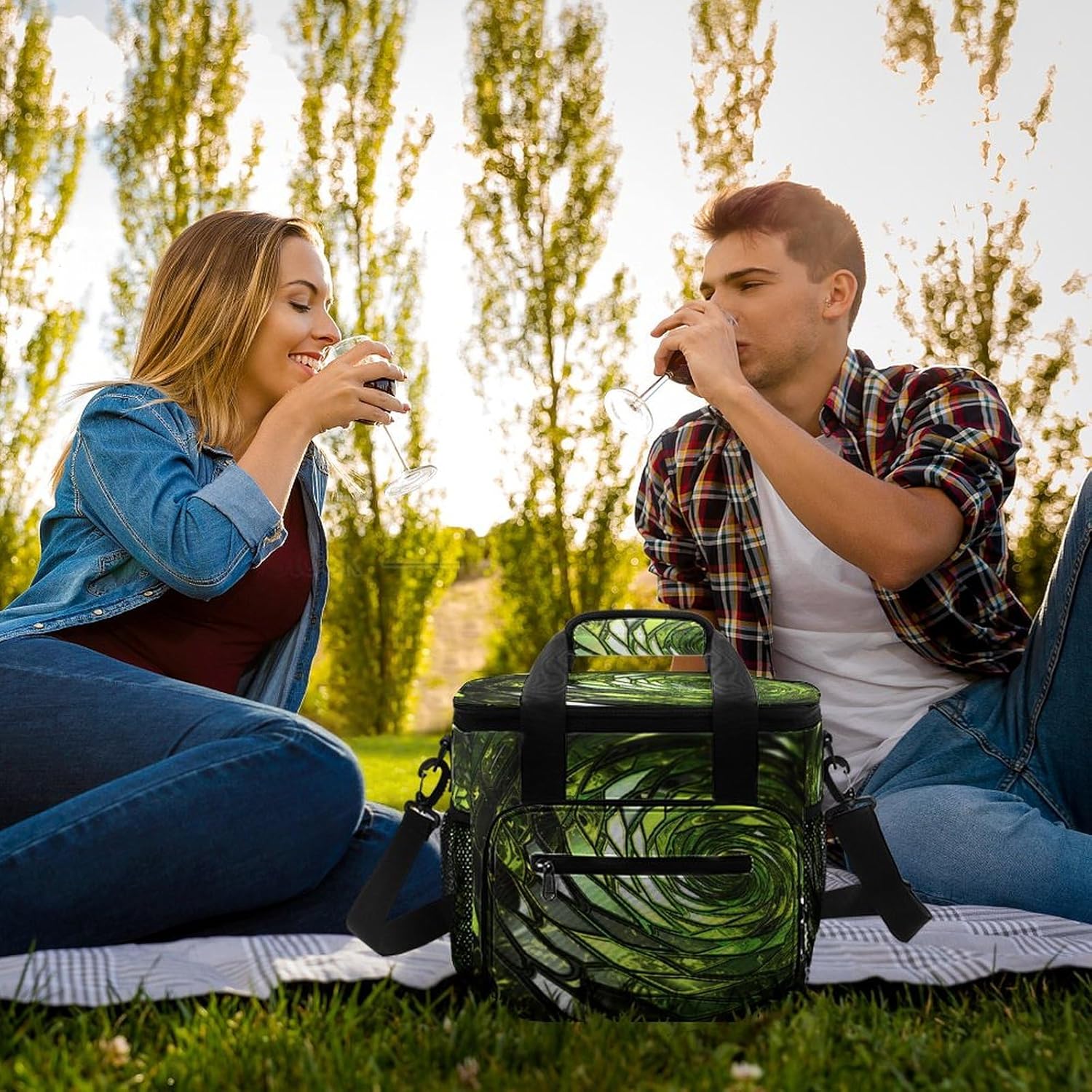 Camping Ice Pack, Abstract Green Snake Print Cooler Bag, 22.5L Large Capacity Insulated Lunch Tote Bag for Outdoor, Picnic, BBQ, Travel, Work