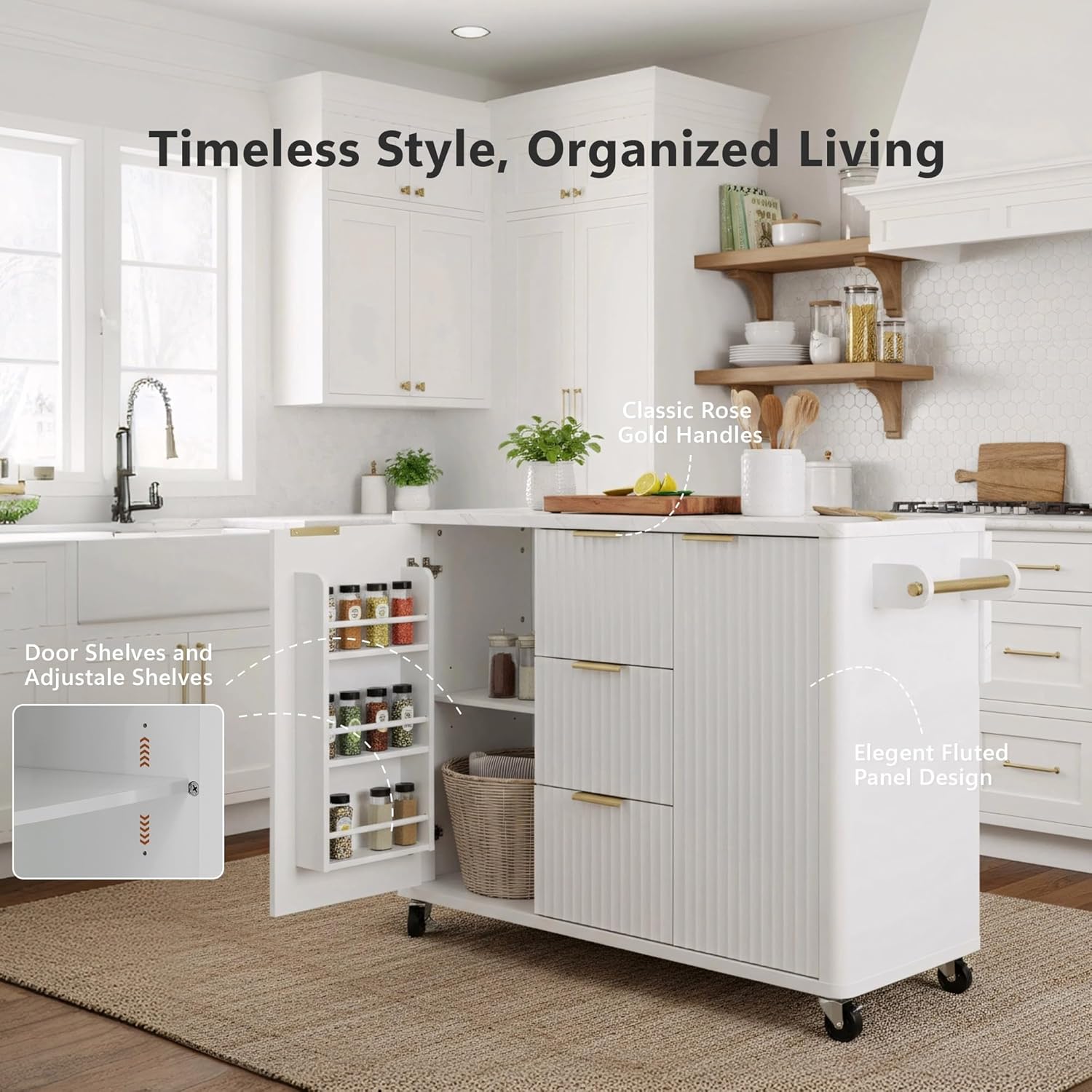 Large Fluted Kitchen Island with Storage, 55.5" Rolling Island Table with Faux Marble Top Drop Leaf, Power Outlet, 2 Door-Cabinet, 3 Drawers, Rose Gold Handle for Dining Room