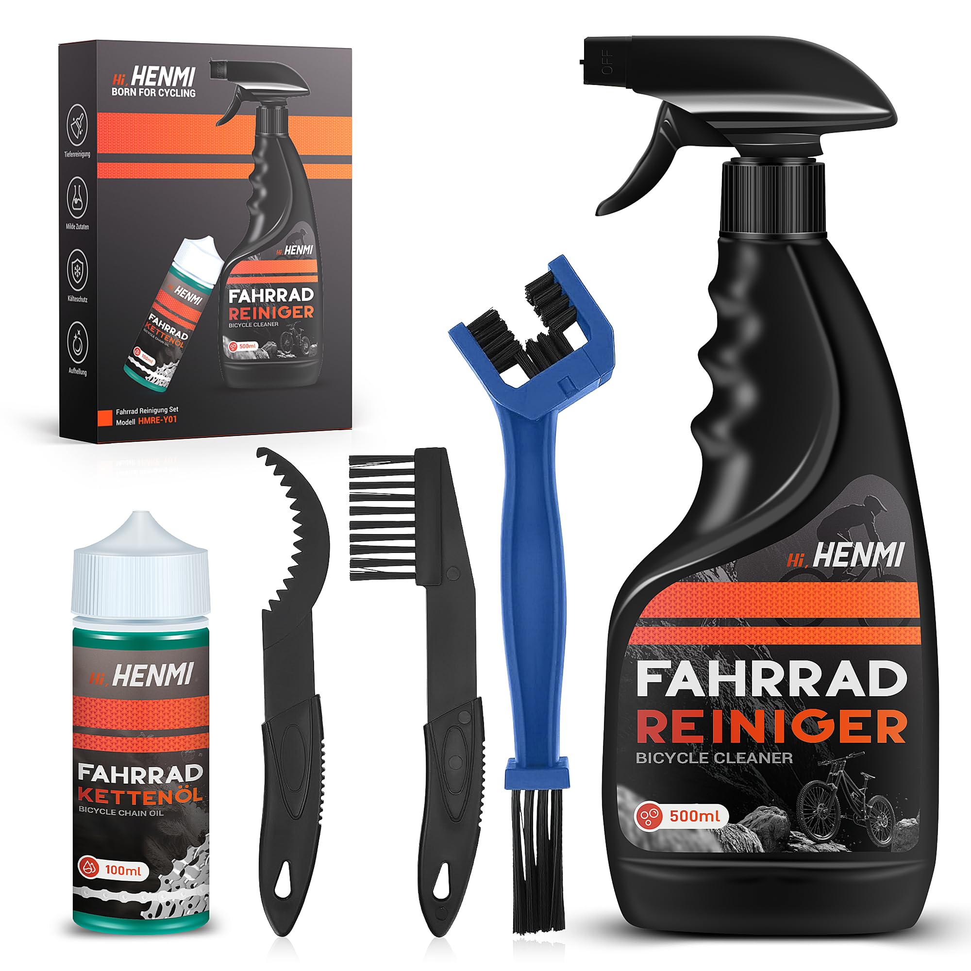 HENMI Fahrrad Reinigungsset, 7 in 1 Kettenreiniger Fahrradkette Set mit Fahrradreiniger 500ml + Fahrradkettenöl 100ml Clean Fit für Fahrradkette/Kurbel/Reifen/Radfahren Ecke Fleck für Alle Fahrräder