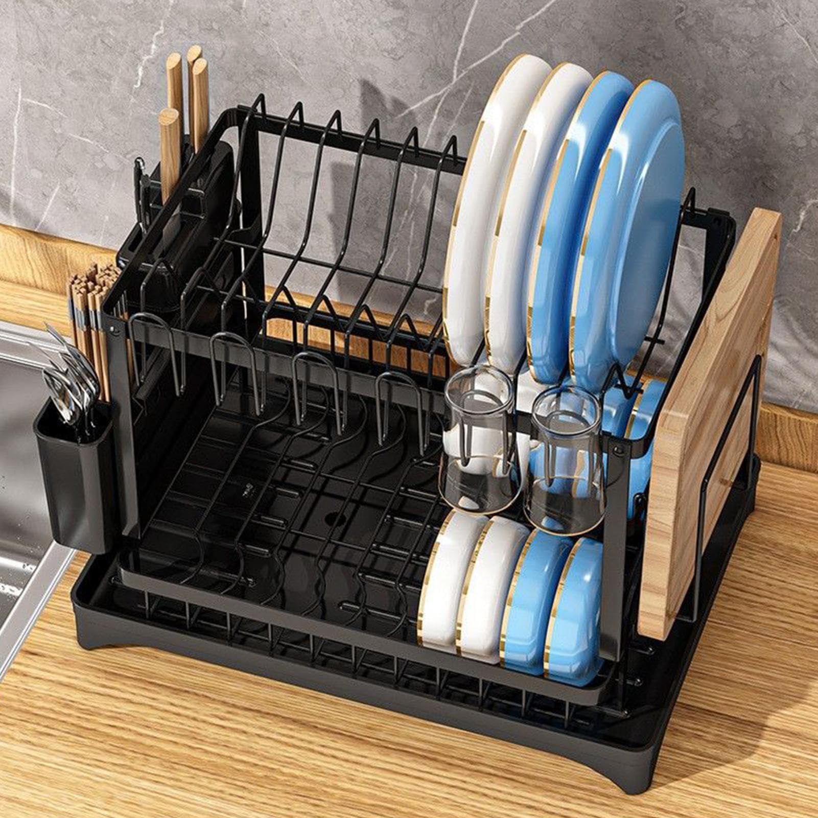 Estante Para Platos Organizador De Almacenamiento Ahorro De Espacio | Gran Secador De Platos De Metal Para Taza Tazón Cubiertos Esponja Plato Fregadero Hogar Despensa